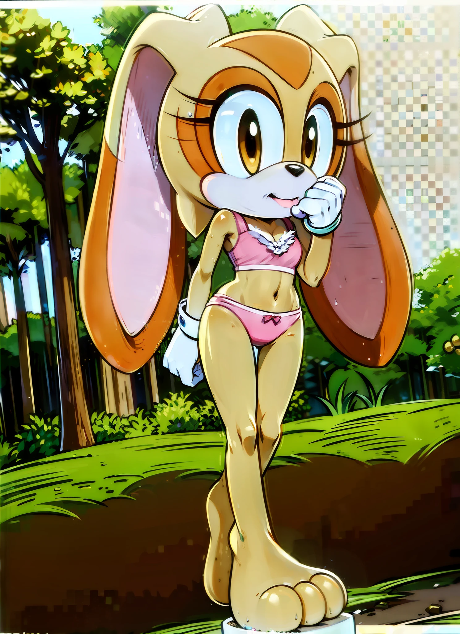 "(((masterpiece))),4k resolution,extremely delicate and beautiful,dynamic angle and pose,(1girl), animal nose, Cream the rabbit,withe sport bra, white panties, sfw, (( thin )), 6 girl, (( thin legs )), alone, looking at viewer, in a forest,