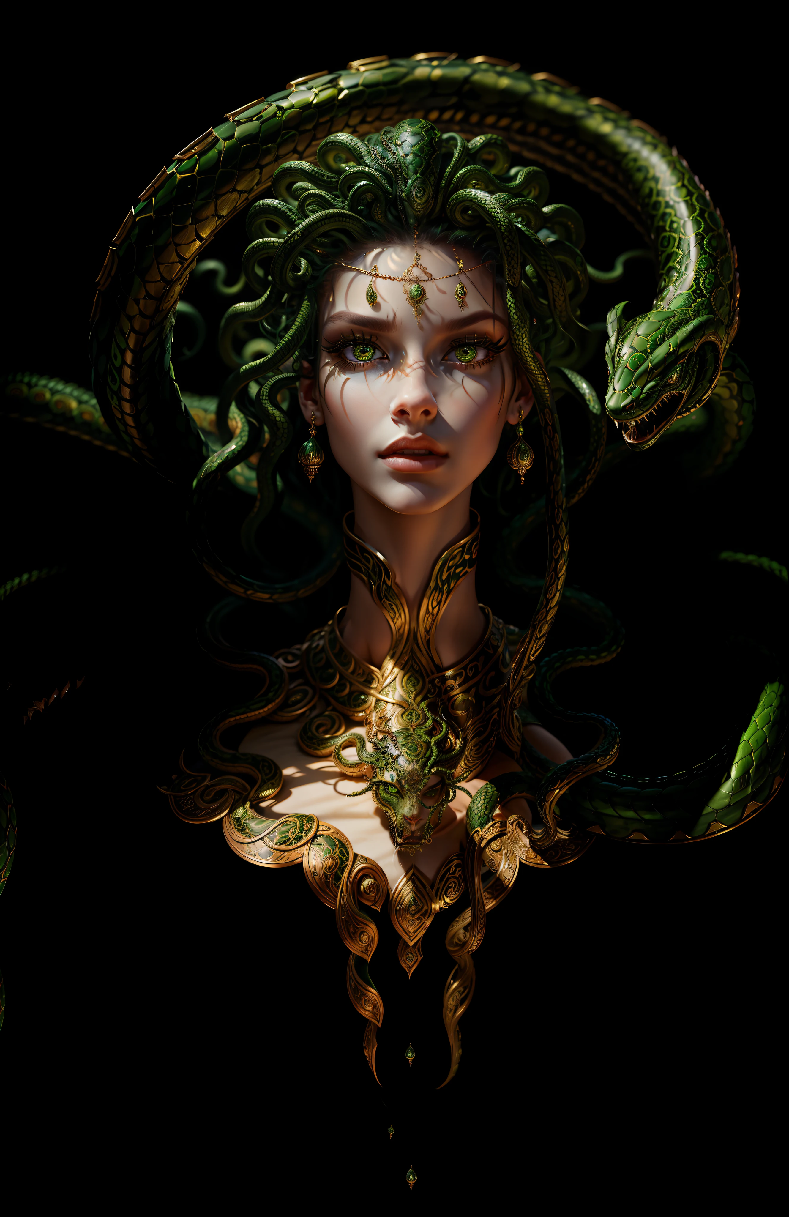 ((best quality)), ((masterpiece)), ((realistic)), Medusa, full body, the hair is composed of countless small snakes, green eyes, female face, metal carved top, royal aura, trend on artstation , sharp focus, studio photo, intricate detail, very detailed, detailed eye, illustration, very detailed, sharp focus, digital render, professional, 4k