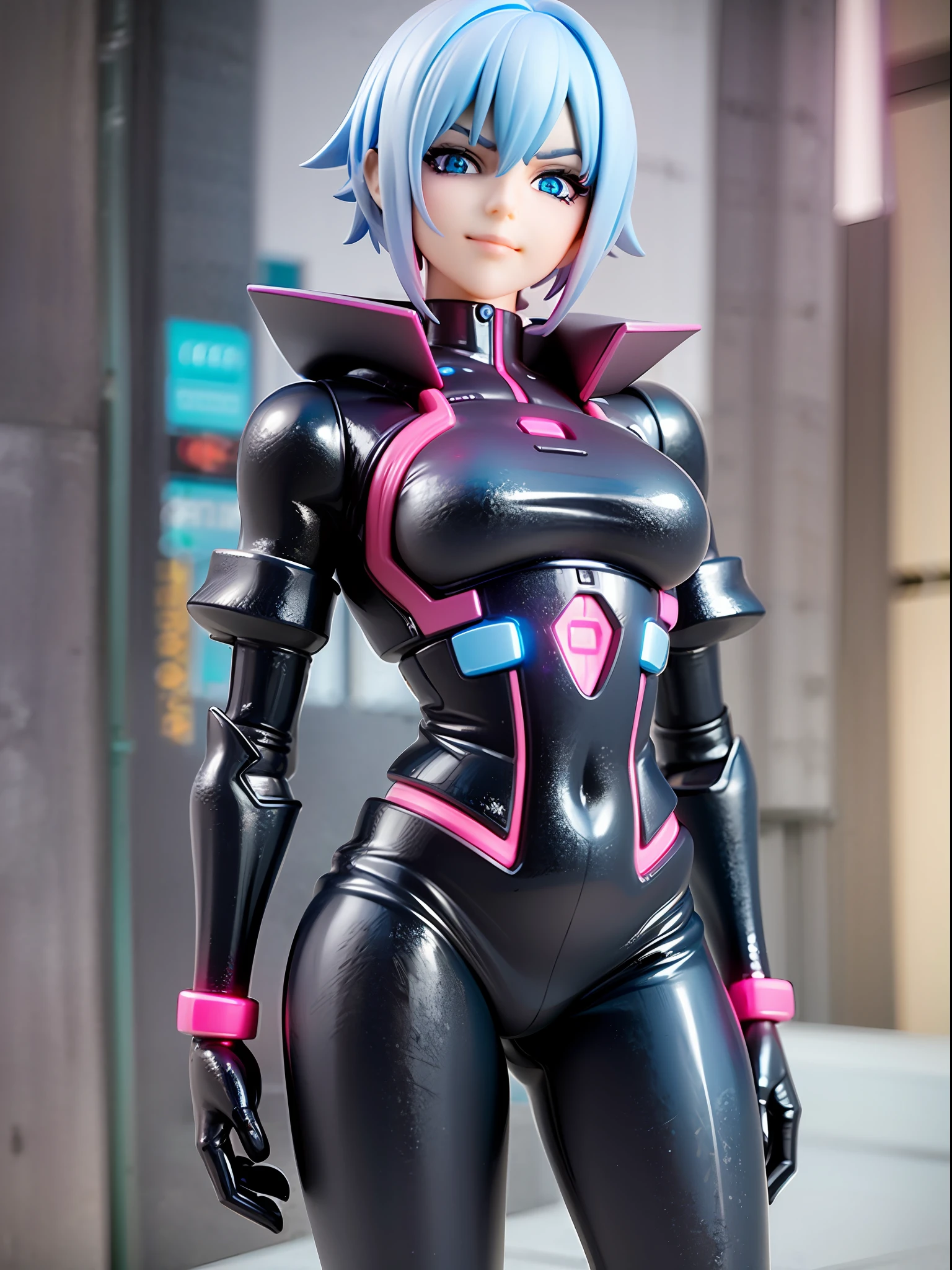 Neon blue, neon pink, cyberpunk, mechanical, cool face, stern, smile, beautiful neon blue eyes, closed mouth, futuristic clothing, black clothing with glowing neon blue and pink lines, silver hair, short hair, standing pose with arms crossed, cyberpunk city background,