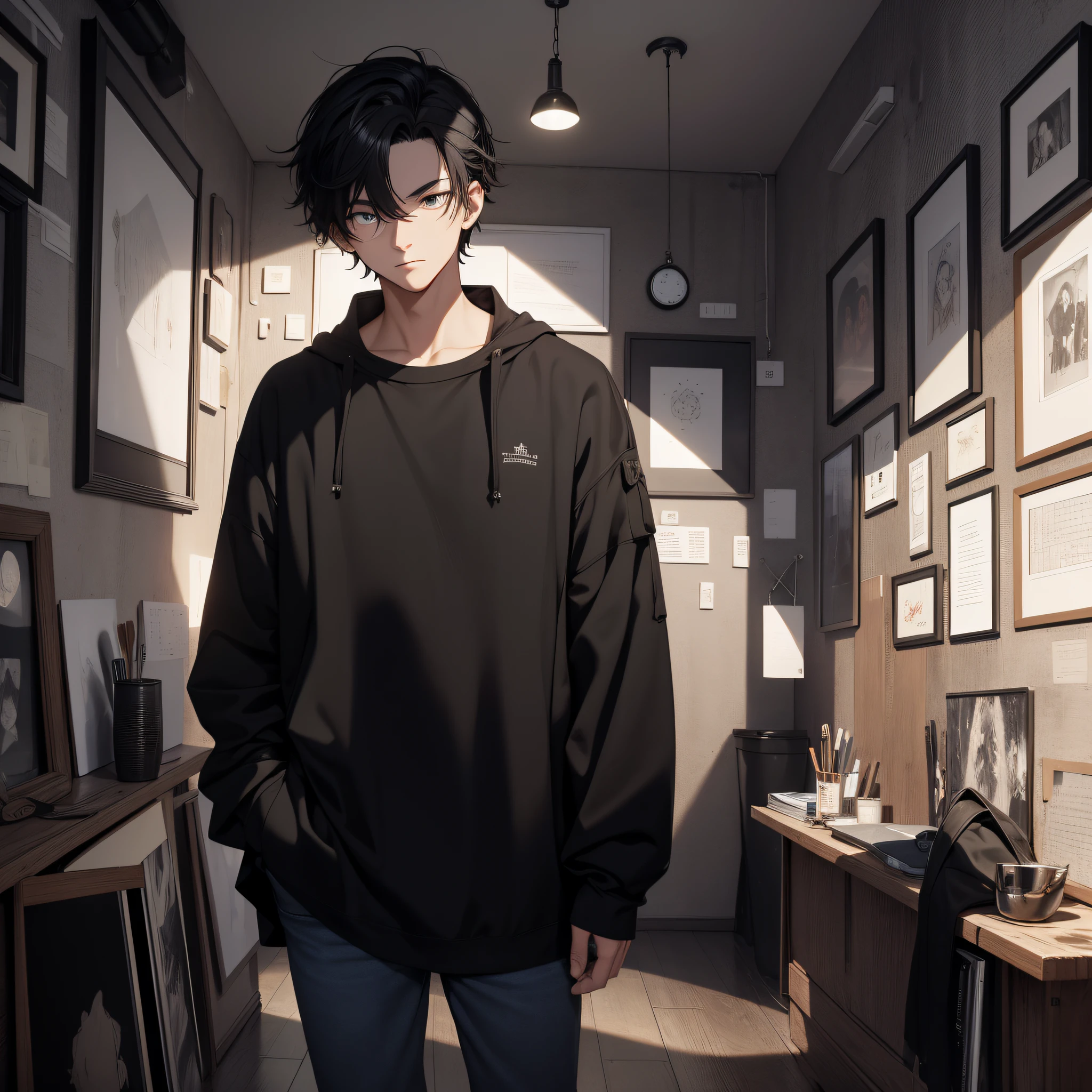 Absurd resolution, high resolution, (masterpiece: 1.4), hyper-detail, young man's messy short black hair, black casual clothes, eerie room, looking at the wall clock (1.5), wall clock (1.2)