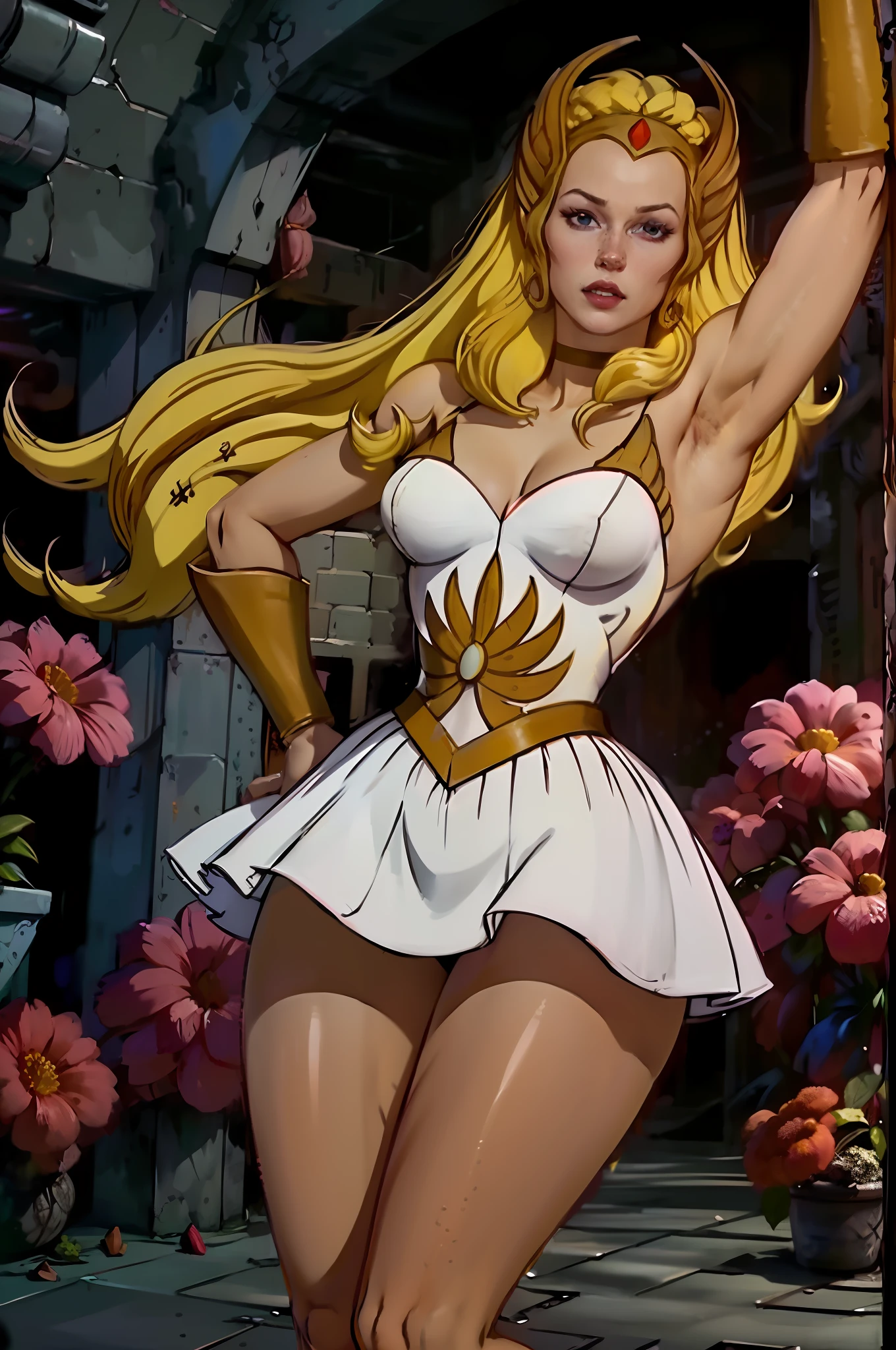 raw photo of a 1girl, blonde, white dress, choker, she_ra, dynamic pose, smug smile, tall, (muscular body: 1.3), (female hands: 1.3), skindentation, narrow waist, thighs, wide hips, half eye closed, eyeliner, eyelashes, perfect face, detailed eyes, facial lighting, looking at the viewer (masterpiece, high quality: 1.2) skin texture, hyper realistic, real woman,real headquarters,high reality, Muscular, Skin Texture,Forest Background