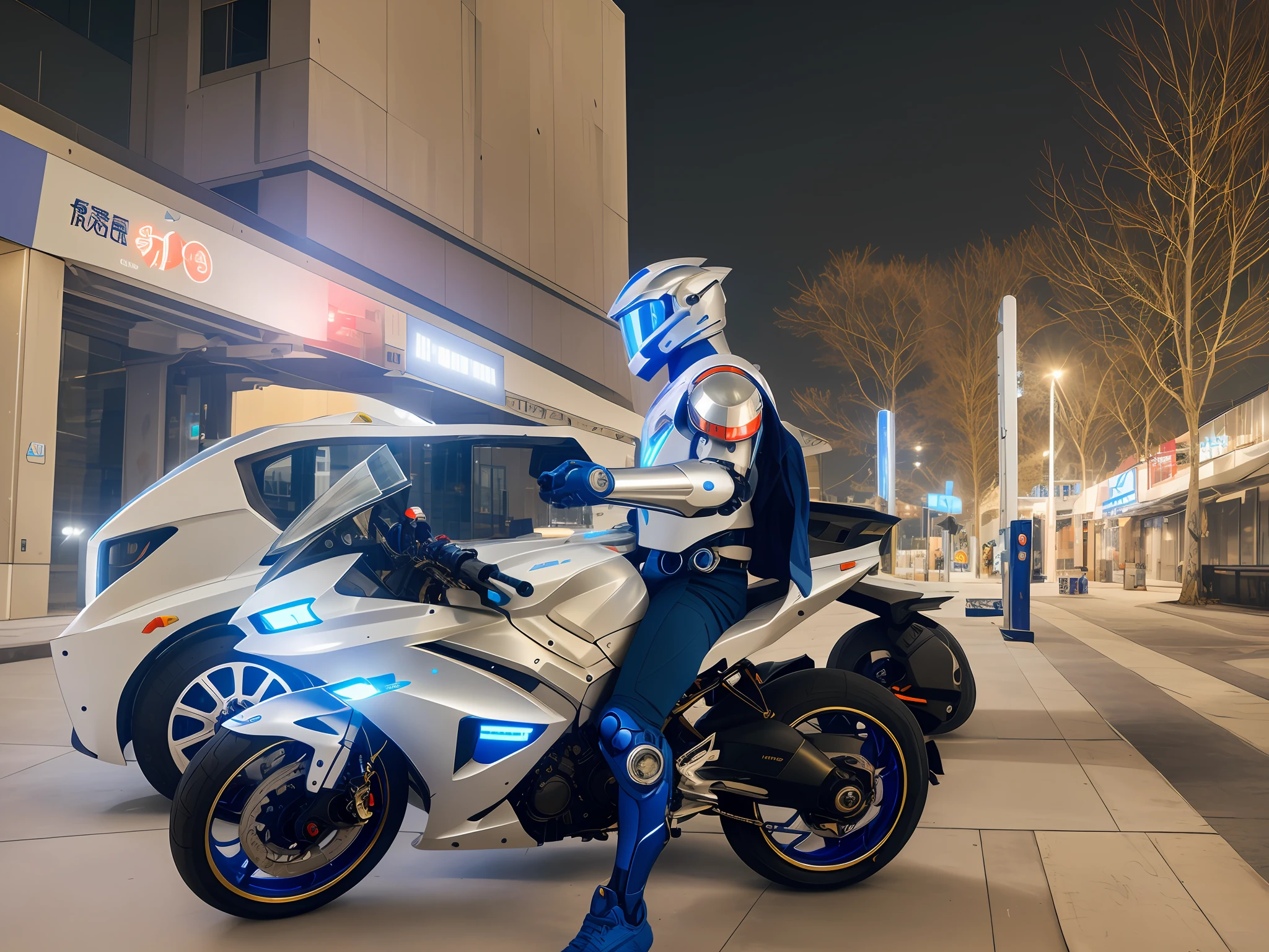NOUSR robot, masterpiece, best quality, 8k, Beautiful fantasy photos (naked men wearing very thin blue chrome mecha armor: 1.2), (perfect face: 1.2), (long hair: 1), realistic highly detailed hard surface modeling textures, mecha face, exquisite details, wind blowing, deep blue sky, sci-fi city, reflection of light, reflective lighting, clear focus, dynamic combat stance, face focus, cyberpunk, blue and white locomotives, red glow, super detailed and refined mechanical legs, glowing shoes