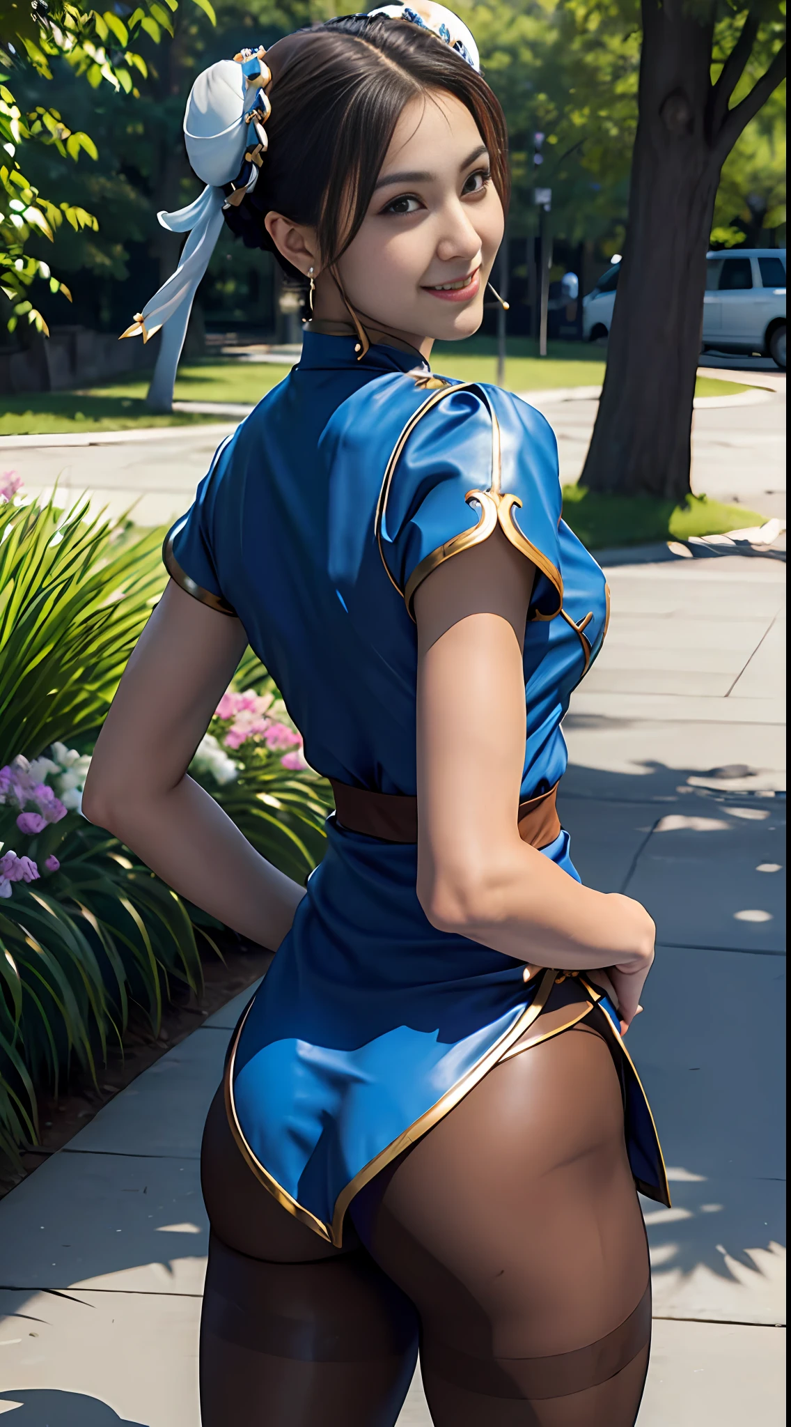 masterpiece, Best quality, Chun-Li, Brown eyes, Short hair, Brown hair, Double bun, Bun cover, Blue dress, Pelvic curtain, Spiked bracelet, Sash, Brown pantyhose, Outdoor, Hands on hips, Watch viewer, Cowboy shot, Dress lift, Smiling, angle from behind