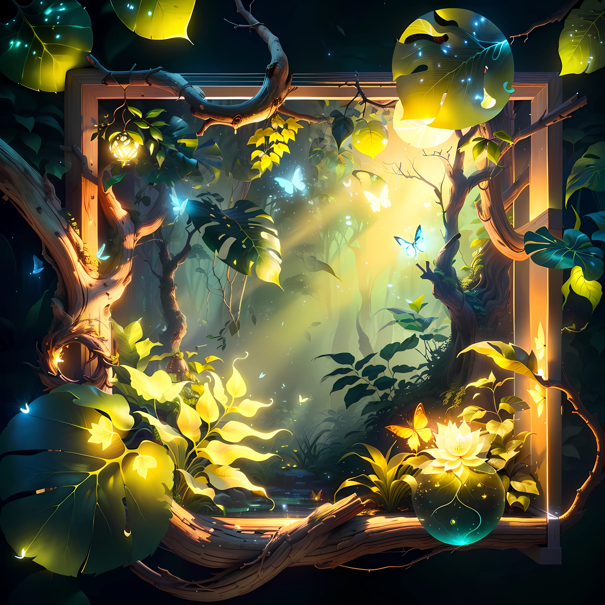 A masterpiece, best quality, (blank background), (blank in the middle), (extremely detailed CG unity 8k wallpaper), (best quality), (best illustration), (best shadow), UI interface The border design features natural elements of the forest theme. The avatar frame is designed in a round shape, surrounded by delicate leaves and branches, with fireflies and glowing particle effects, (UI interface frame design), (natural elements), (jungle theme), (square), (leaves) , (twigs), (fireflies), butterflies, (delicate leaves), (glow), (particle effects). , isometric 3D, octane rendering, ray tracing, super detailed