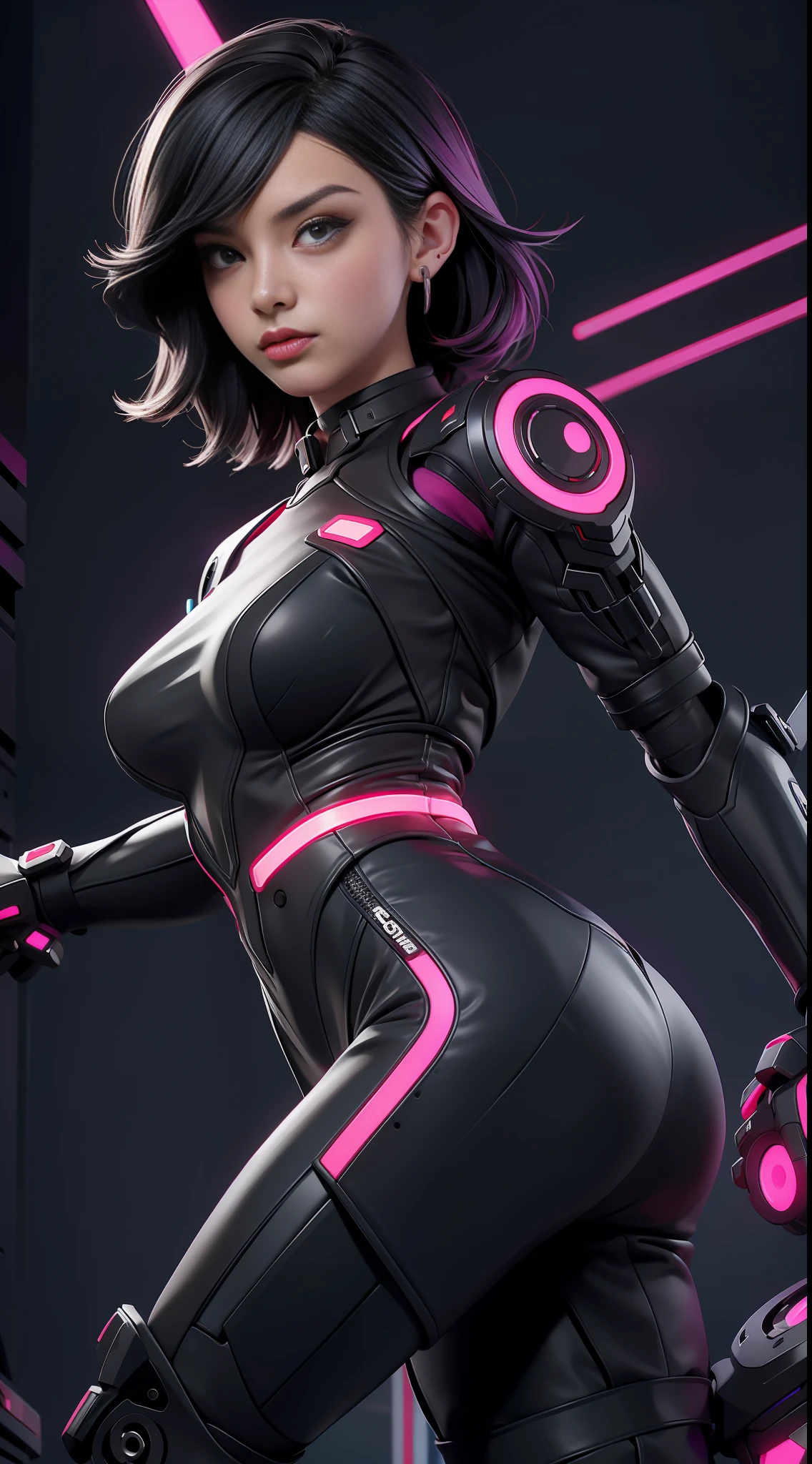 solo, super fine photo, portrait Unreal Engine 5 8K UHD of beautiful and cute girl (girl: 1.3), gorgeous, grey short hair, red and black color scheme tight cybernetic latex catsuit, cyberpunk racing girl, cyberpunk full face mask, earrings, cybernetic long heel, cybernetic long glove, futuristic design, purple neon lights details, beautiful make up, best quality, masterpiece, official art, unified 8k wallpaper, super detailed, sharp focus, dynamic pose, body parts