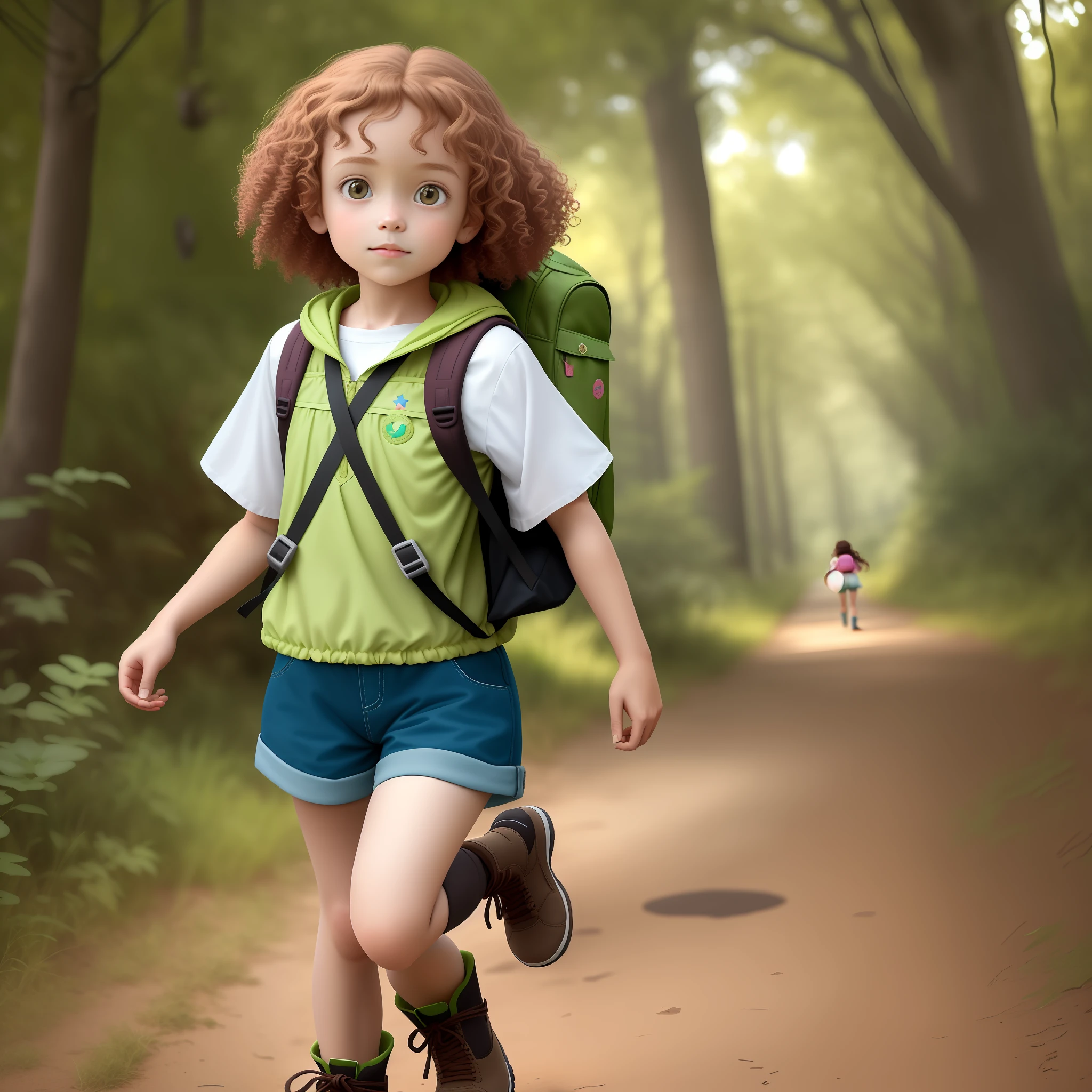 A 3D illustration depicts a charming -year-girl.e has fair skin and curly hair that cascades down her shoulders, displaying a light brown hue. His eyes glow with a vibrant green, full of curiosity and vivacity. Dressed as an animated Girl Scout, the girl wears soft pink shorts that reach just above the feminine ones, showing her energy and willingness for adventure. For her feet, she wears comfortable boots that reach her ankle, providing support during her explorations. The color of the boots is in shades of brown. The girl carries a green backpack on her back, which is filled with stickers of various themes, such as animals, flowers and stars. The backpack has adjustable straps and is perfect for storing all the equipment needed for your Girl Scout activities.