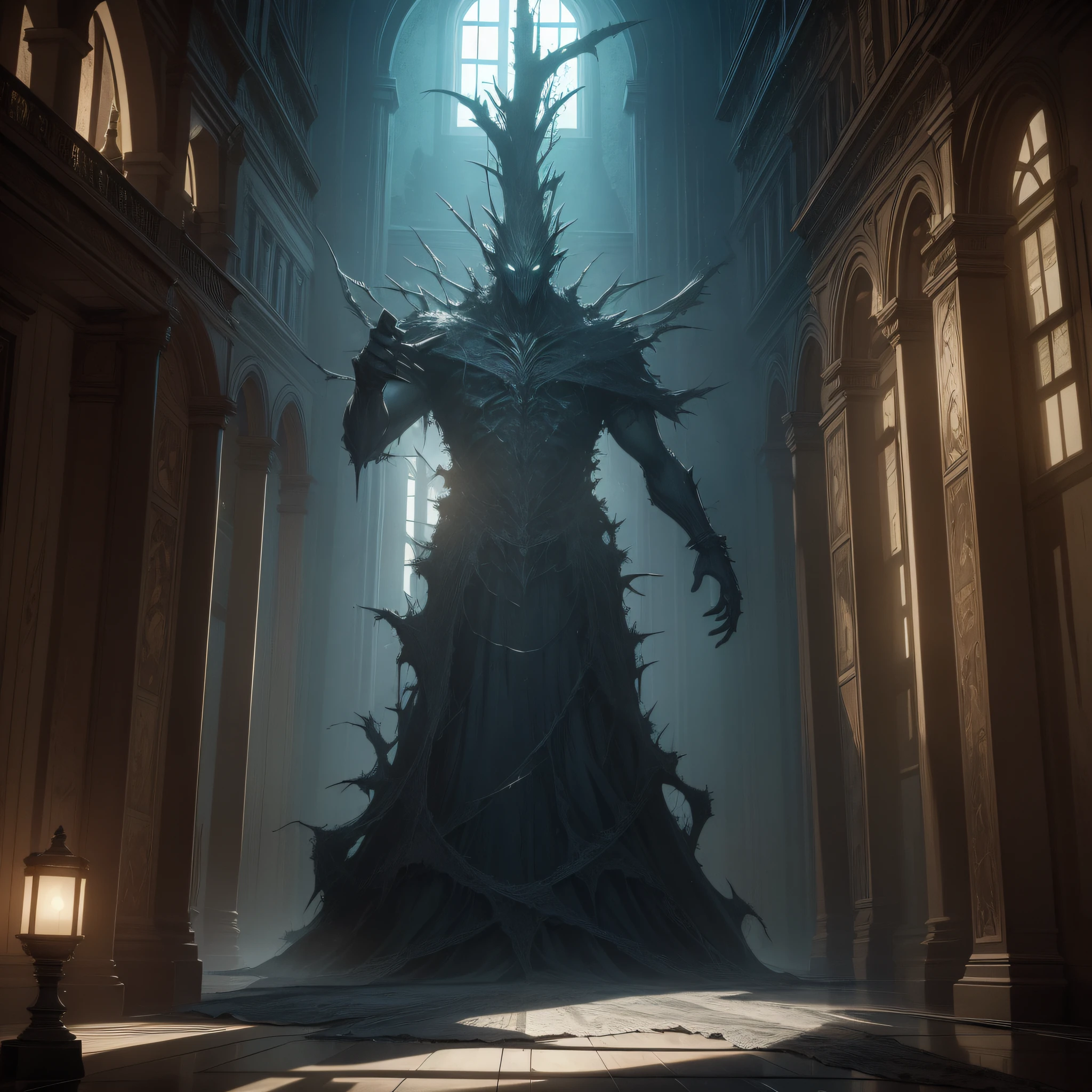 Absurd resolution, high resolution, (masterpiece: 1.4), hyper-detail, spooky rooms, dark monsters, horror, cobwebs, dark scary