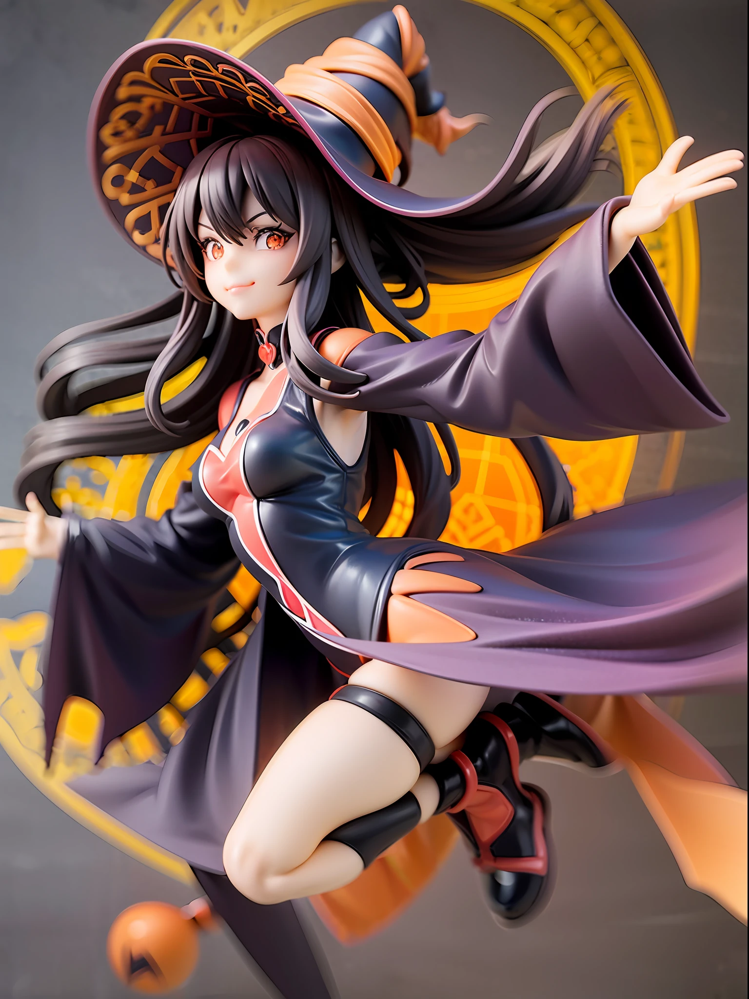 Black, orange, Halloween, witch, cute face, smile, beautiful orange eyes, closed mouth, witch clothing, black robe, orange ribbon, black hair, long hair, jumping pose swinging magic wand, Halloween night background,