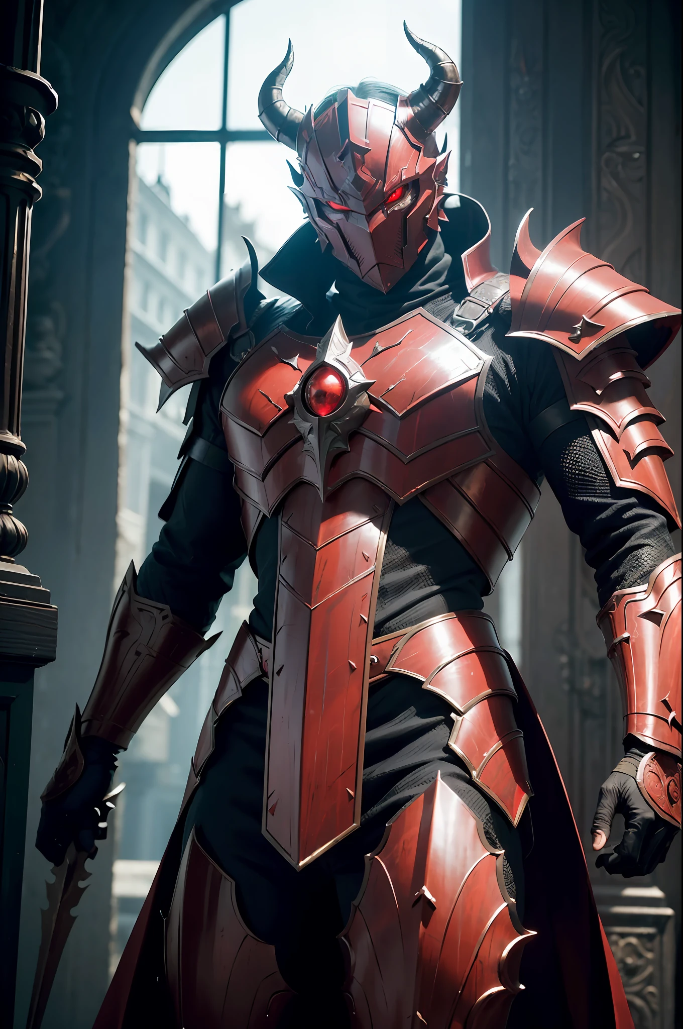 ((Best quality)), ((masterpiece)), (highly detailed:1.3), sharp focus, cinematic lighting, 1boy, male, fully armored, masked, blood magic, draconic armor, red and black color scheme, glowing eyes, red demonic horns, demon god, demon king, red eyes, epic, demonic halo