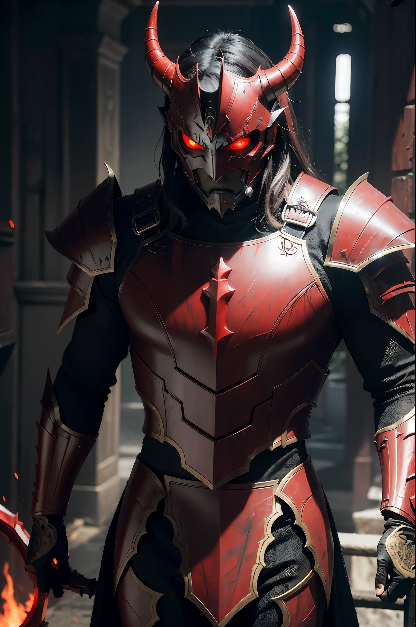((Best quality)), ((masterpiece)), (highly detailed:1.3), sharp focus, cinematic lighting, 1boy, male, fully armored, masked, blood magic, draconic armor, red and black color scheme, glowing eyes, red demonic horns, demon god, demon king, red eyes, epic, demonic halo