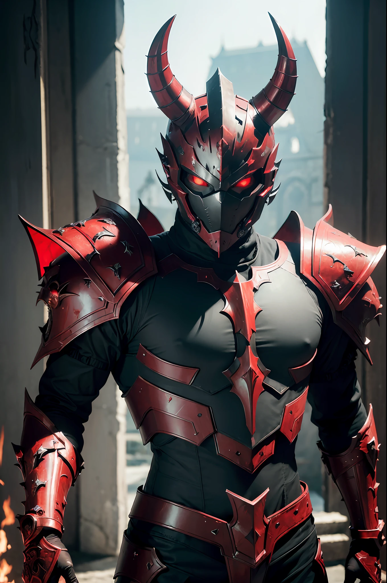 ((Best quality)), ((masterpiece)), (highly detailed:1.3), sharp focus, cinematic lighting, 1boy, male, fully armored, masked, blood magic, draconic armor, red and black color scheme, glowing eyes, red demonic horns, demon god, demon king, red eyes, epic, demonic halo