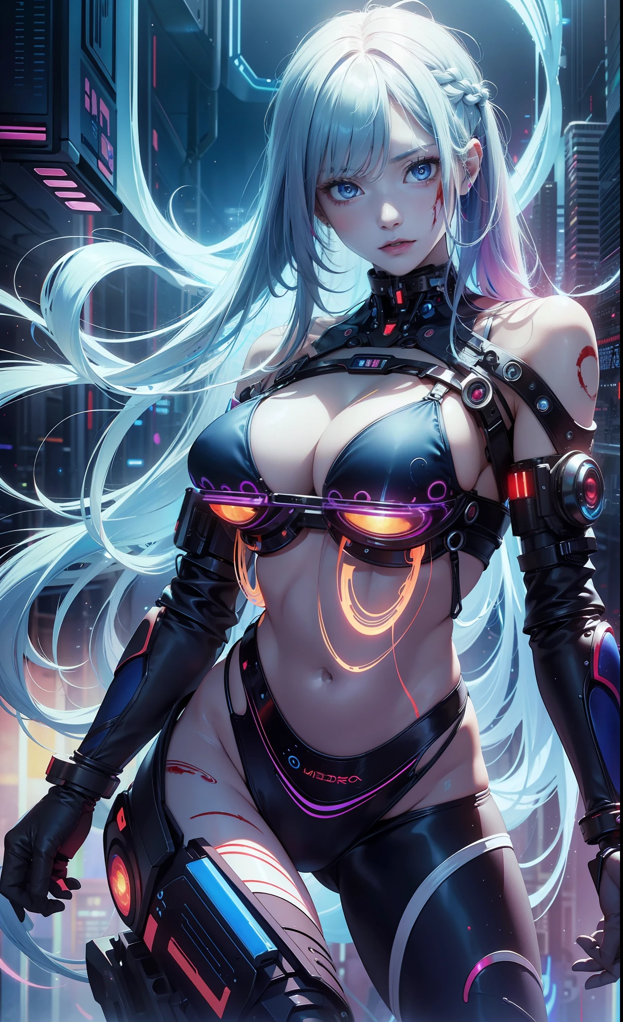 Masterpiece, Best Quality, Girls, Slender, Blue Eyes, Hair Color, Rainbow, Long Hair Spreading, White Skin, Blood Vessels on Arms and Chest, Medium, Cute, Sexy, Near Future, Cyberpunk, Bikini, Exposed Skin, Night, Psychedelic, Trip, Highly Colored, Paisley Themes, Open Legs, Mechanical Left Arm, Full Body