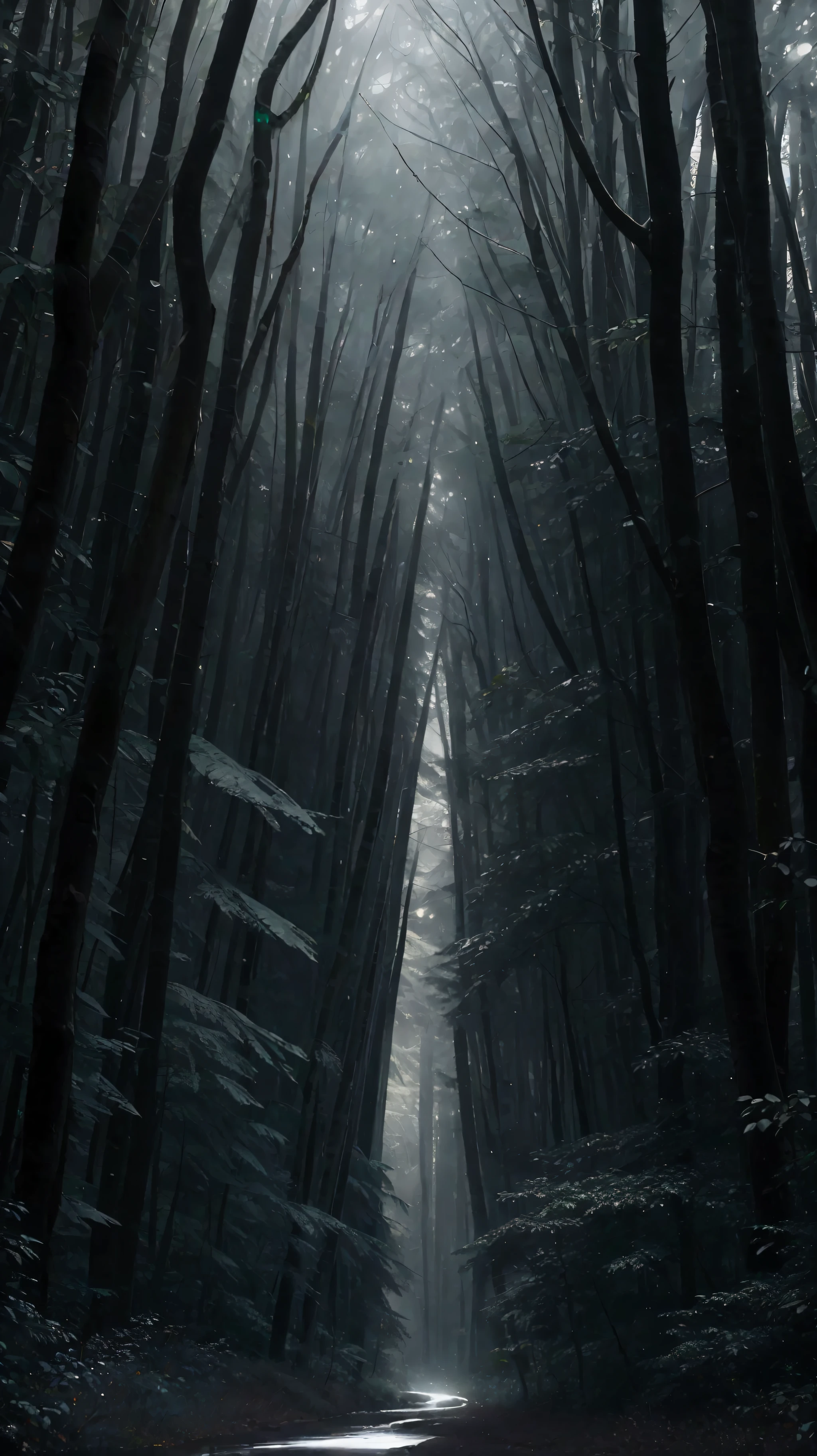 Dense forest in torrential rain at night, raindrops pouring from trees, distant thunder rumbling, masterpiece, best quality, high quality, extremely detailed CG unity 8k wallpaper, oil painting, award winning photography, bokeh, depth of field, HDR, bloom, chromatic aberration, photorealism, very detailed, trending on artstation, trending on CGsociety, intricate, high detail, dramatic, midjourney art (volumetric lighting: 1.2)