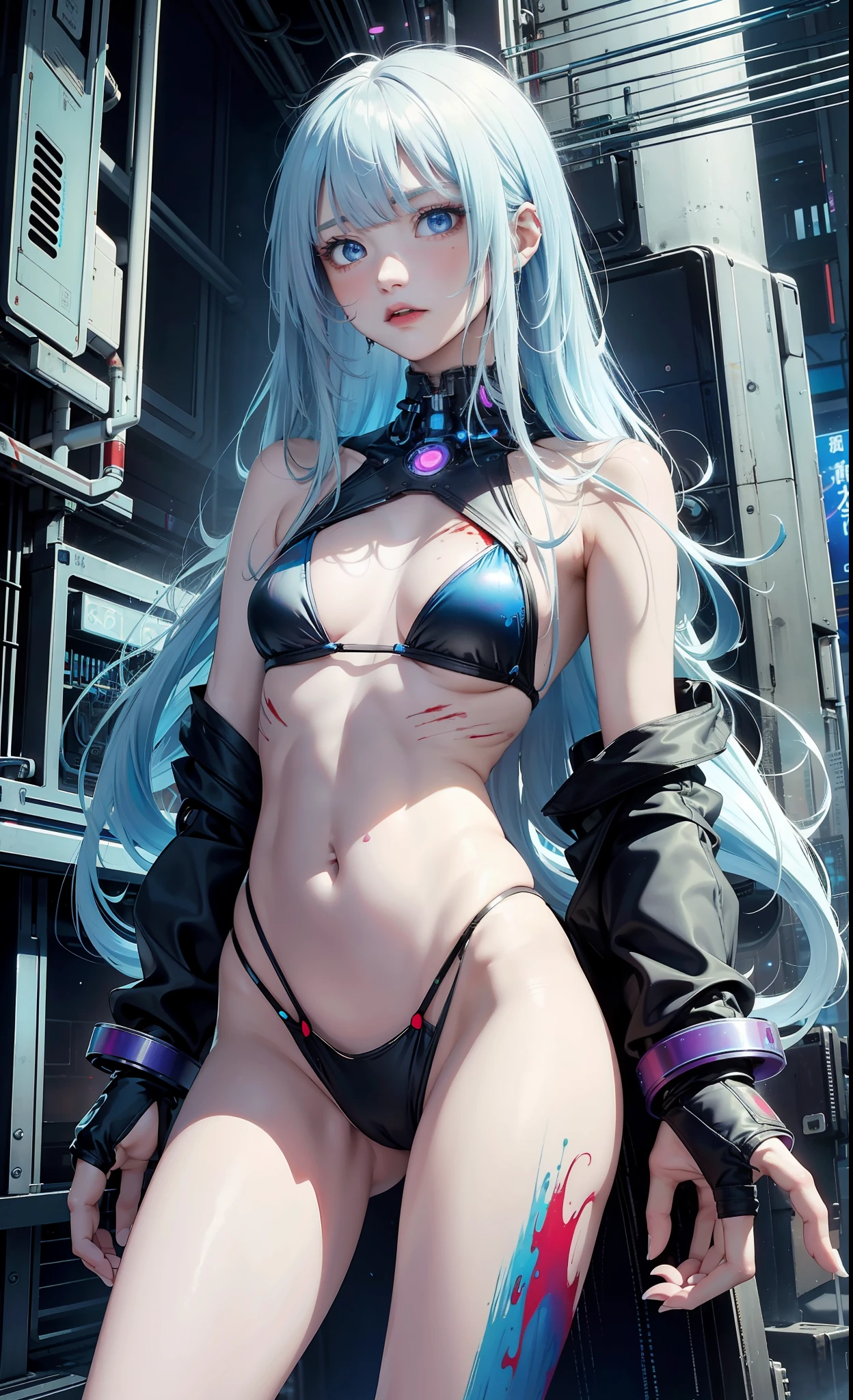 Masterpiece, Best Quality, Girls, Slender, Blue Eyes, Hair Color, Rainbow, Long Hair Spreading, White Skin, Blood Vessels on Arms and Chest, Medium, Cute, Sexy, Near Future, Cyberpunk, Bikini, Exposed Skin, Night, Psychedelic, Trip, Highly Colored, Paisley Themes, Open Legs, Mechanical Left Arm, Full Body