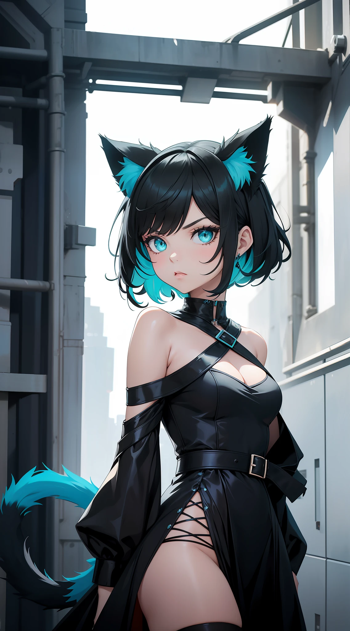 Adult girl, short black hair, turquoise eyes, cat ears and tail, black rich beautiful dress, open shoulders, serious look, masterpiece, high quality