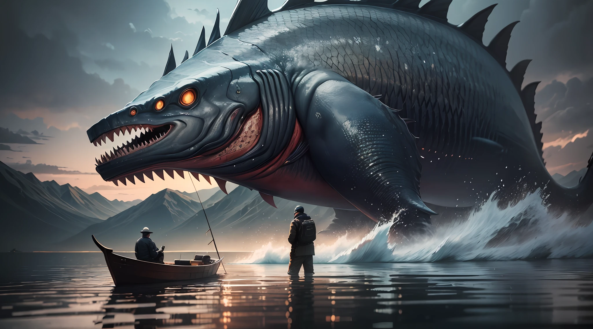 (best quality), digital painting with ultra-realistic details, distant view of a large monsterfish in the depths of a lake front of a fisherman, dark environment, dark and mysterious style, distant.