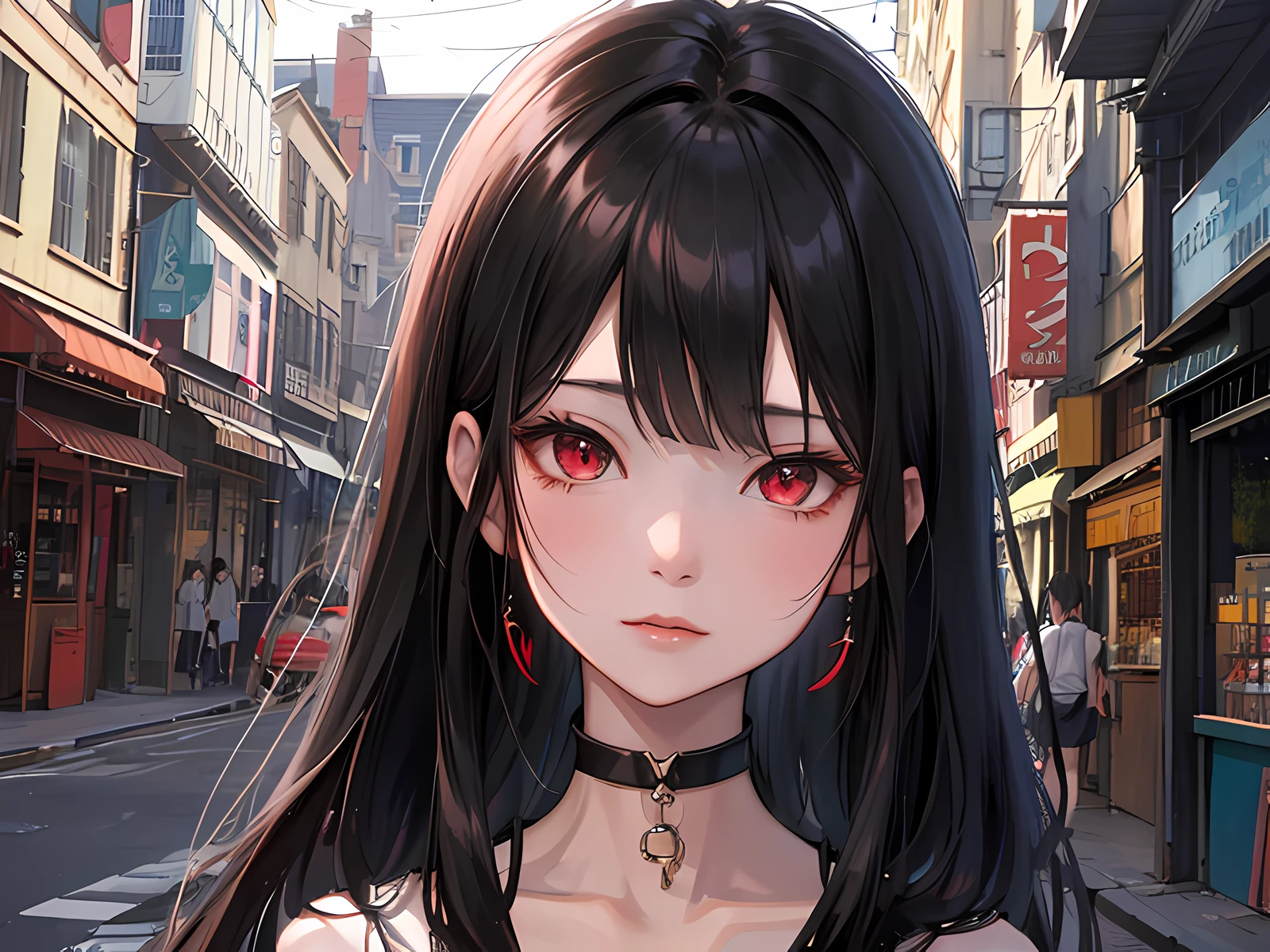 anime girl with long black hair and red eyes walking down a street, anime moe artstyle, anime visual of a cute girl, anime style. 8k, realistic anime artstyle, anime style 4 k, extremely cute anime girl face, close up of a young anime girl, stunning anime face portrait, beautiful anime face, smooth anime cg art, realistic anime art style