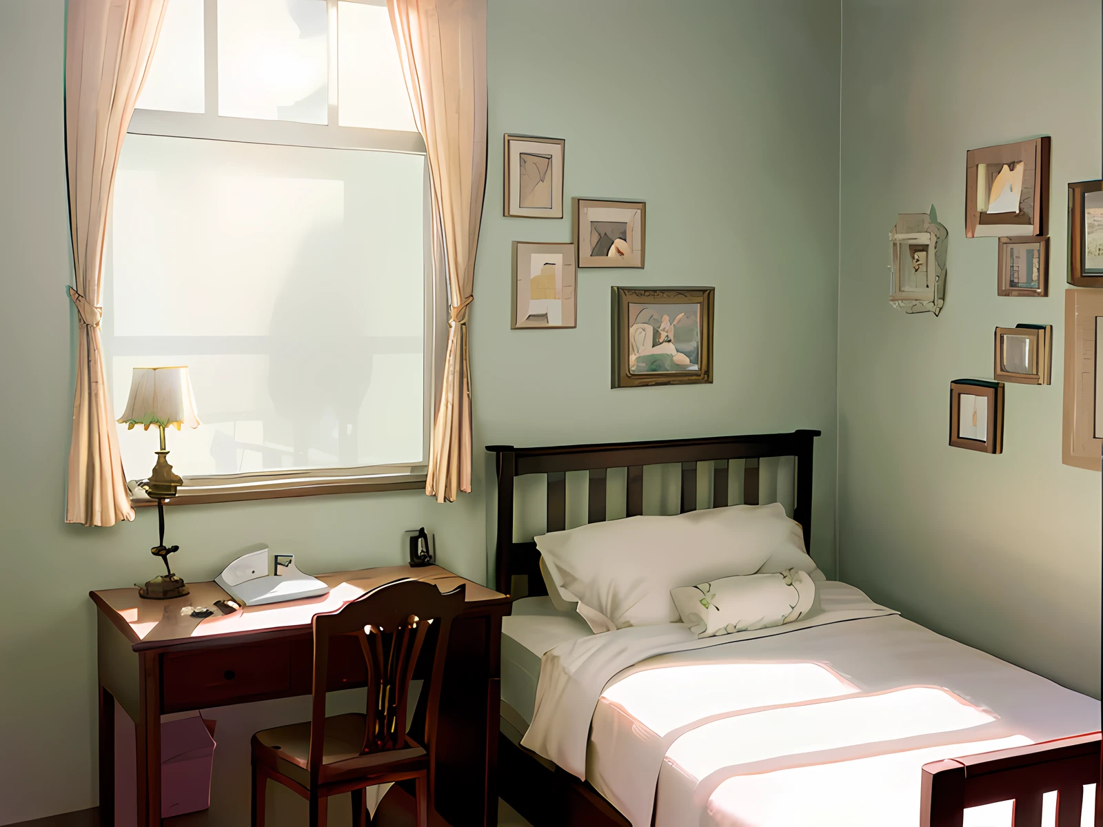 there is a bed and desk in a small room, bedroom in studio ghibli, photorealistic room, personal room background, bedroom background, detailed scenery —width 672, realistic afternoon lighting, realistic unreal engine 3 d game, unreal engine ; romantic theme, studyng in bedroom, render unreal engine-h 704, render unreal engine - h 7 0 4