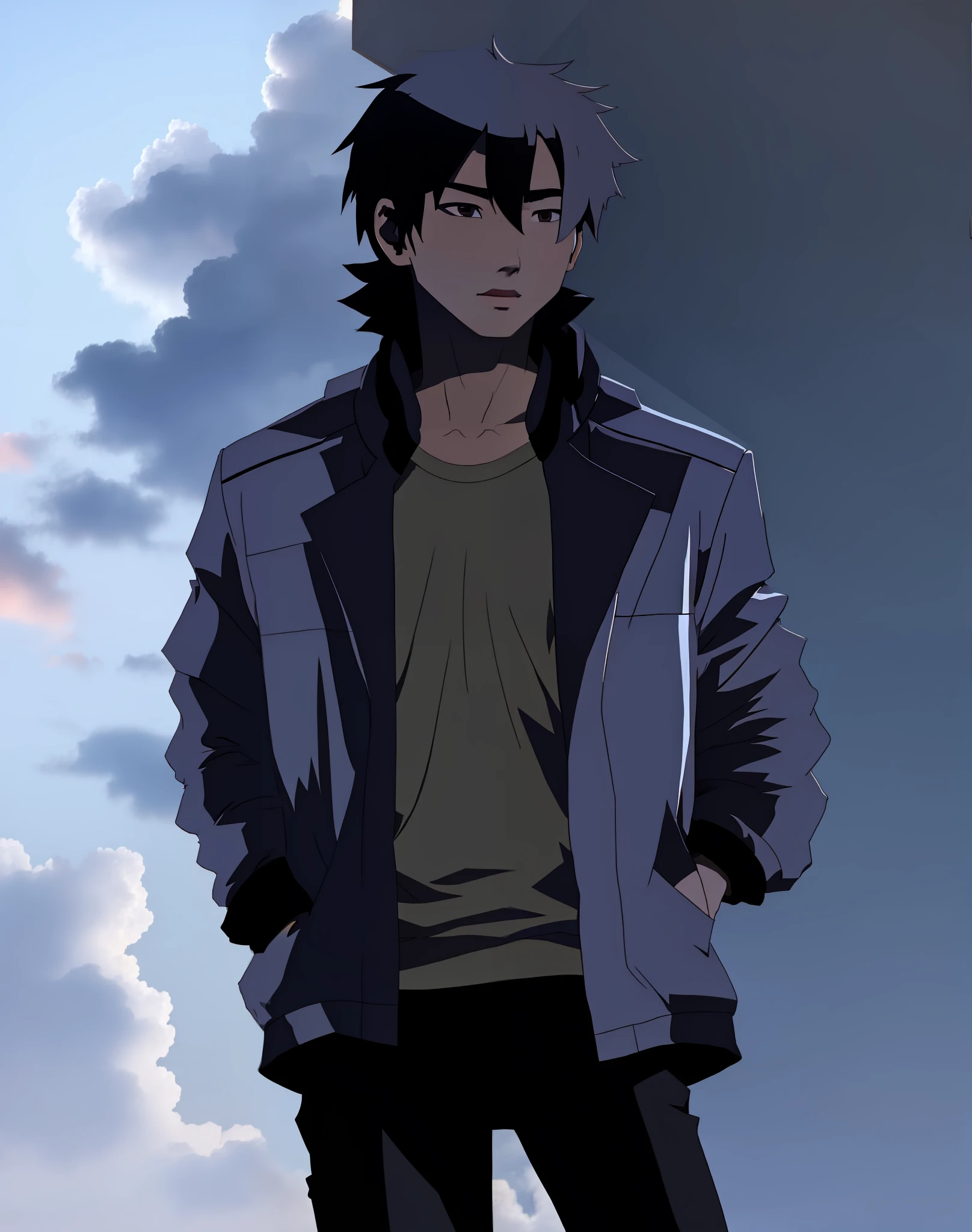 Young young asian boy thin delinquent wearing a coat with his hands in his pockets