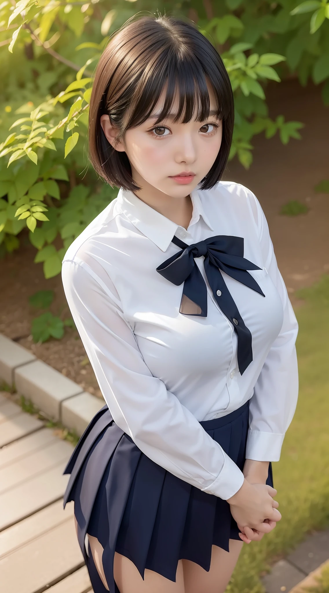 Japan girl, 18-year-old girl, short hair, black hair, bangs, brown eyes, perfect figure, transparency, luster, luster, modest breasts, school uniform, navy blue ribbon, navy blue skirt, , braless, hide breasts with both hands, light pleasure, glowing body, gravure idol, mountain forest, beautiful legs, frontal, looking from above,