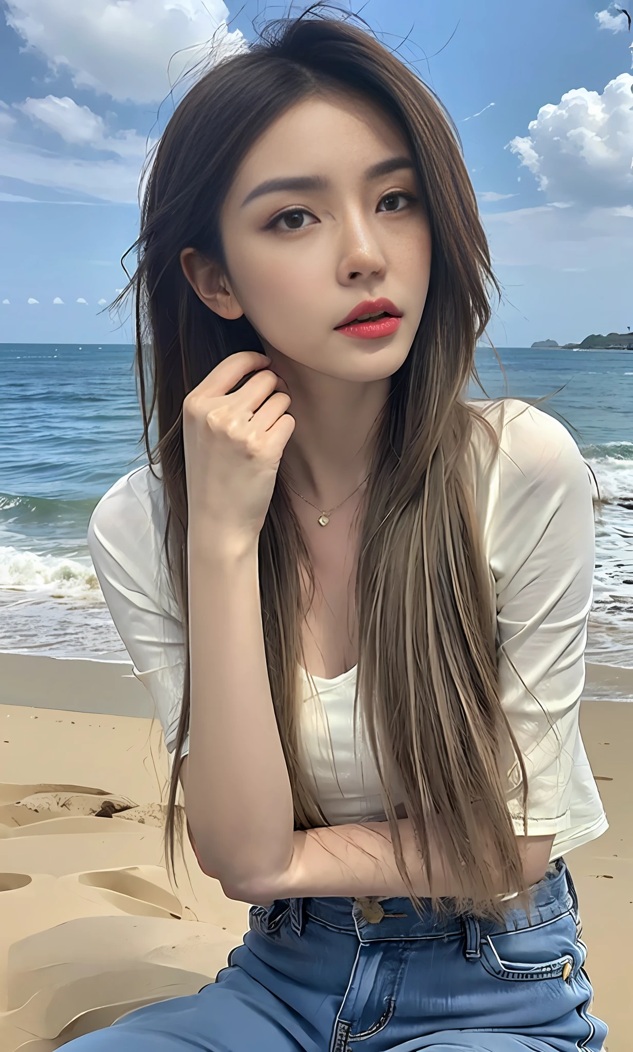 (8k, RAW photo, best quality, masterpiece: 1.2), (full body: 1.1), (short sleeves: 1.2), (trousers: 1.2), best quality, masterpiece, (small mouth: 1.2), an extremely delicate and beautiful, 8k wallpaper, amazing, fine details, masterpiece, best quality, (22 years old: 1.2), narrow waist, (bright blue sky and white clouds, beach, sitting, nature: 1.2), slim, shy, pure, cute, thick hair, soft hair, high contrast, Replenishing light, (shut up) beautiful, delicate eyes, (long hair: 1.2)