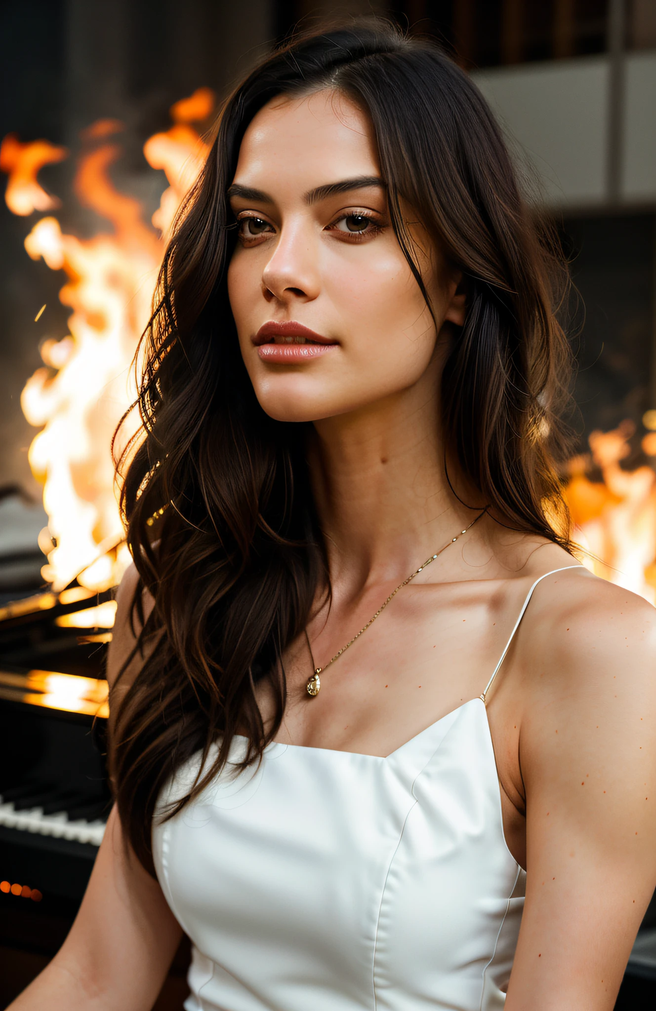 High-angle photo of a beautiful skinny young woman with long wavy black hair in the style of Stefan Kostic, 30 years old, realistic skin texture, looks up, long flowing white dress, full body, in front of a burning piano, artistic lens of 8 5 mm, f 1. 2, sharp focus, 8K high definition, insanely detailed, dark, low light, bright fire, sparks in the air, intricate, elegant, art by Stanley Lau and Artgerm
