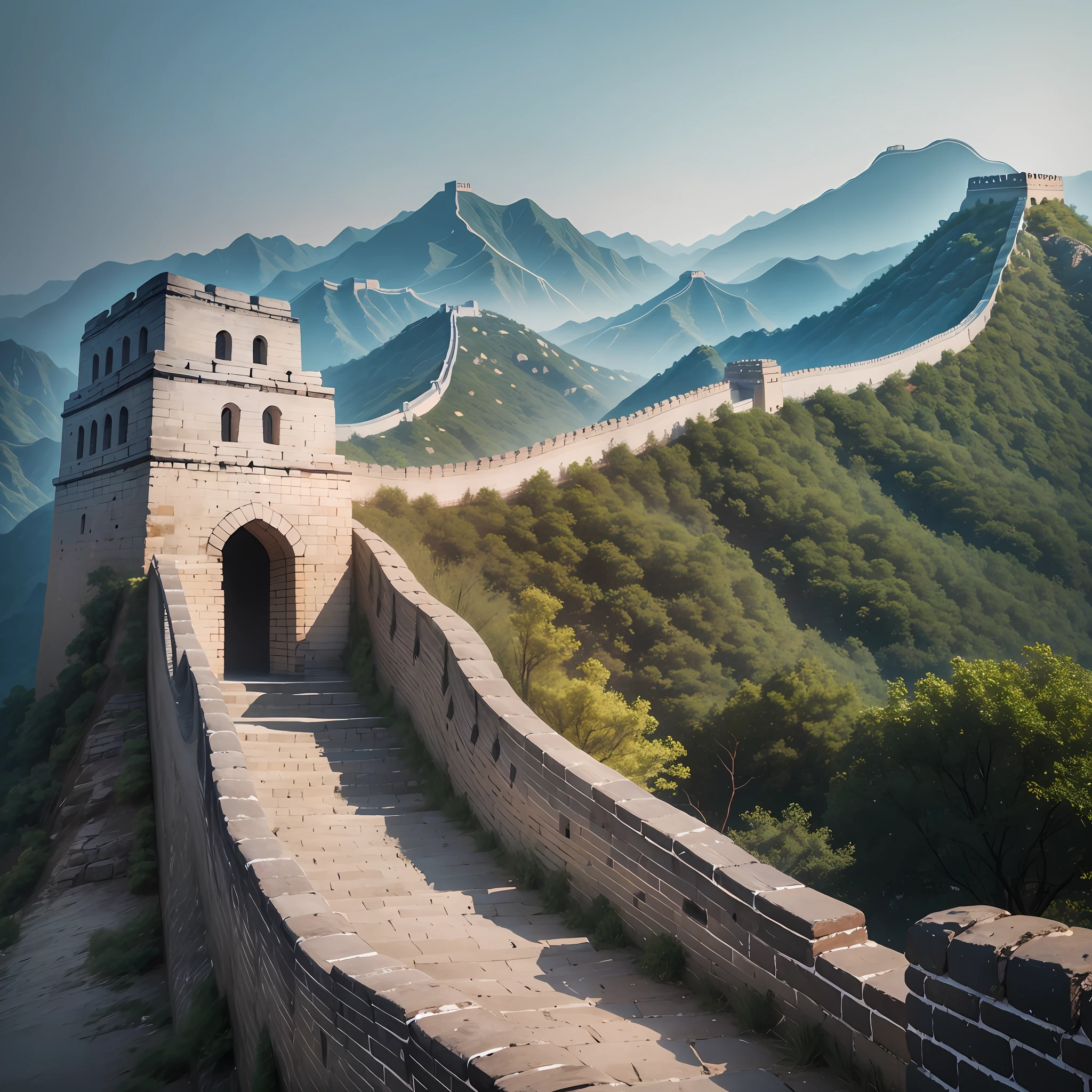 The Great Wall, the camera's view is at the beginning of the screen and its back facing the screen. The Camera occupies the center of the screen, leaving half the space above, and the Great Wall extends into the distance, 9:16, --auto --s2