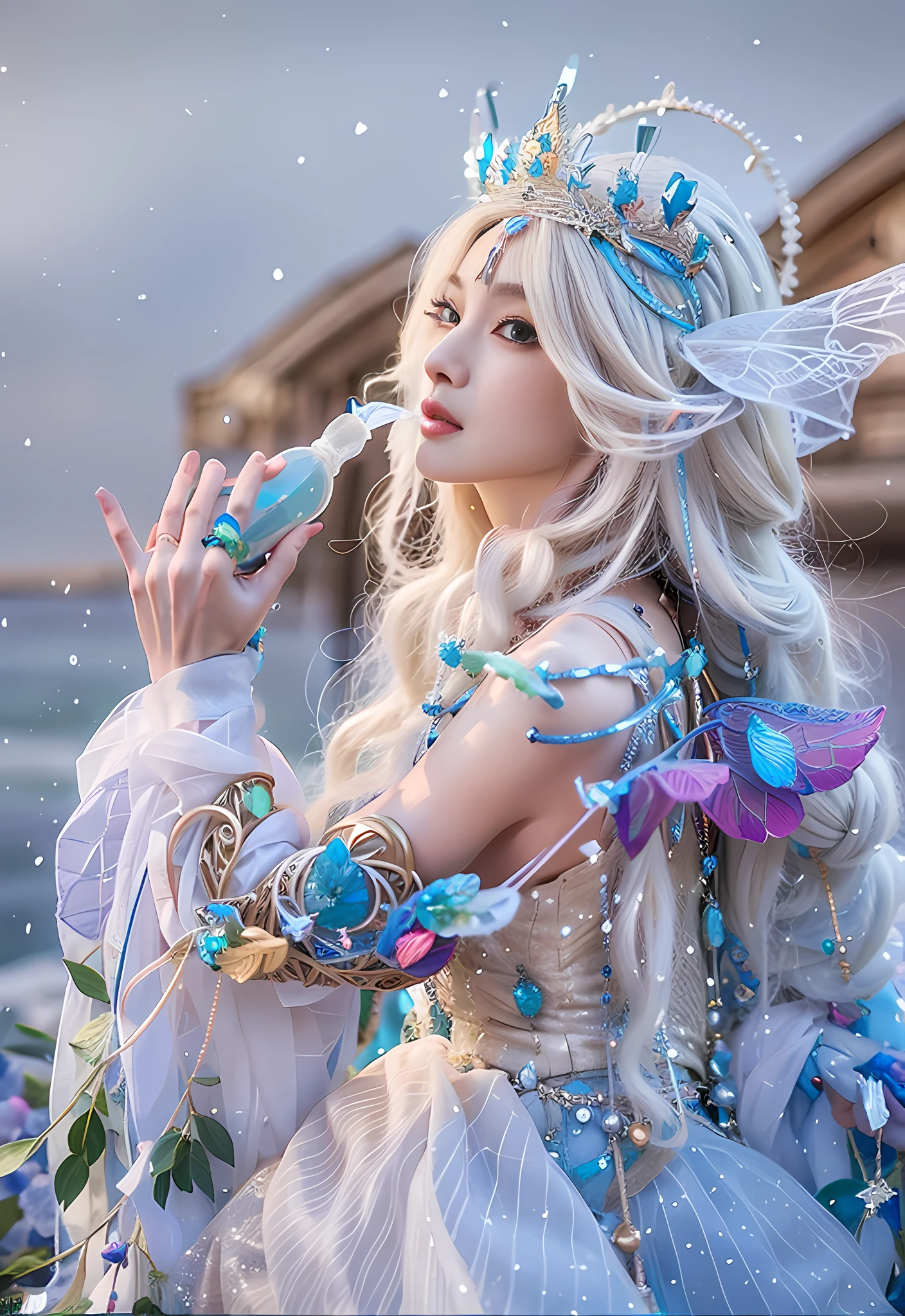 there is a woman dressed in a fairy costume holding a bottle, water fairy, closeup fantasy with water magic, ethereal fantasy, fairy aesthetics, astral fairy, beautiful and elegant elf queen, ethereal fairytale, beautiful ancient frost witch, fantasy aesthetic!, fairycore, anime cosplay, ethereal beauty, fantasy art style, anime girl cosplay, of ethereal fantasy, beautiful fairy