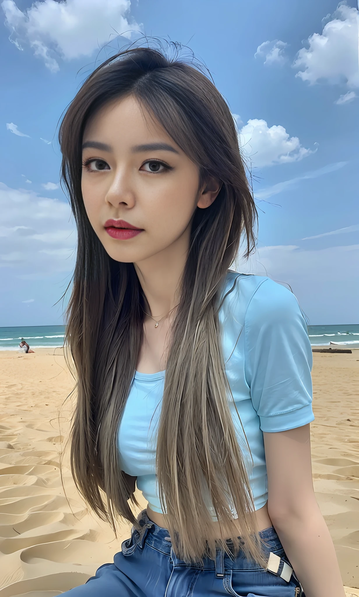 (8k, RAW photo, best quality, masterpiece: 1.2), (full body: 1.1), (short sleeves: 1.2), (trousers: 1.2), best quality, masterpiece, (small mouth: 1.2), an extremely delicate and beautiful, 8k wallpaper, amazing, fine details, masterpiece, best quality, (22 years old: 1.2), narrow waist, (bright blue sky and white clouds, beach, sitting, nature: 1.2), slim, shy, pure, cute, thick hair, soft hair, high contrast, Replenishing light, (shut up) beautiful, delicate eyes, (long hair: 1.2)