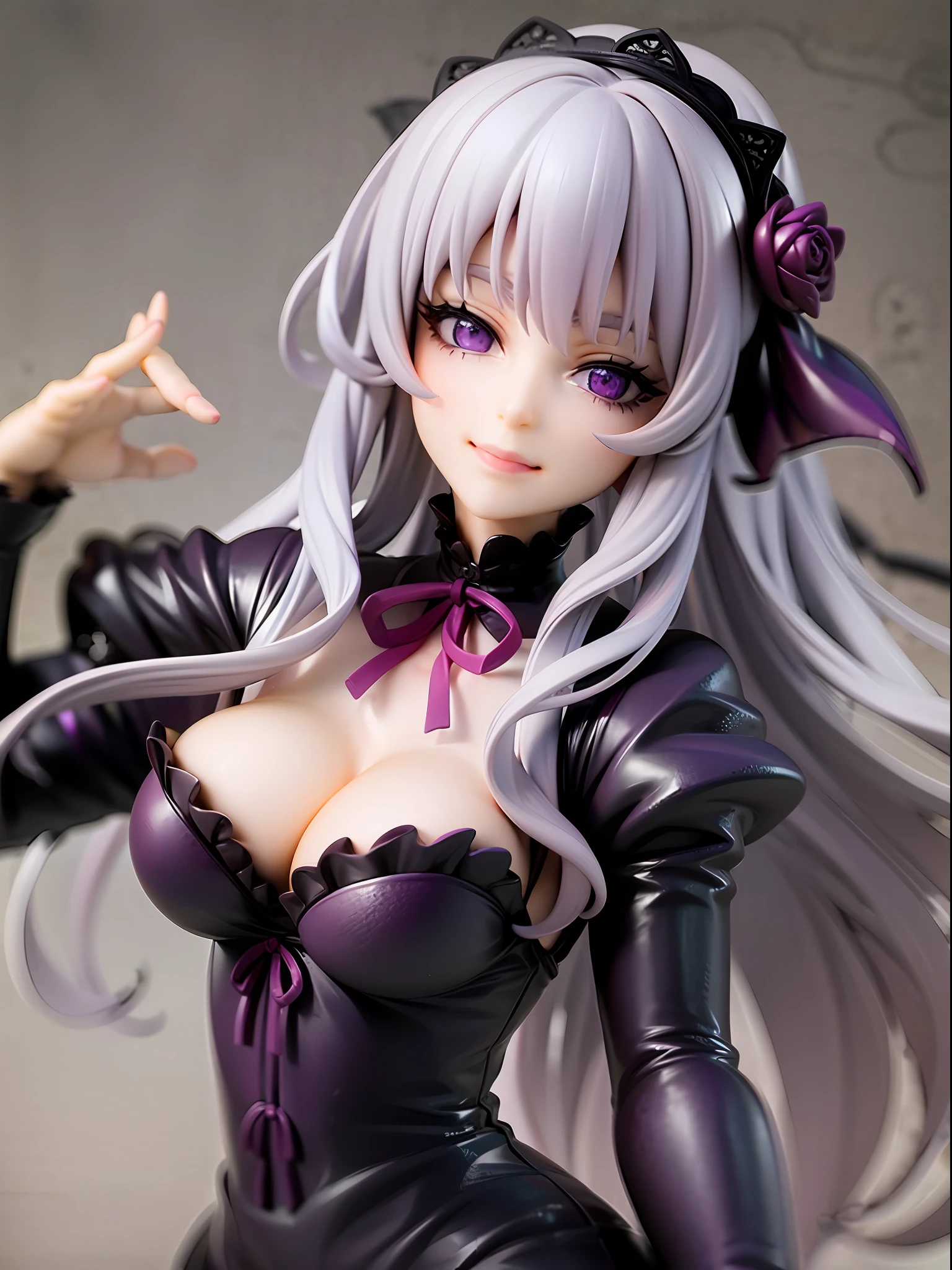 Purple, black, ghostly, mystical, calm face, smile, beautiful deep purple eyes, closed mouth, Victorian style dress, black and purple lace and ribbons, silver hair, long and wavy hair, floating pose, Victorian mansion background,