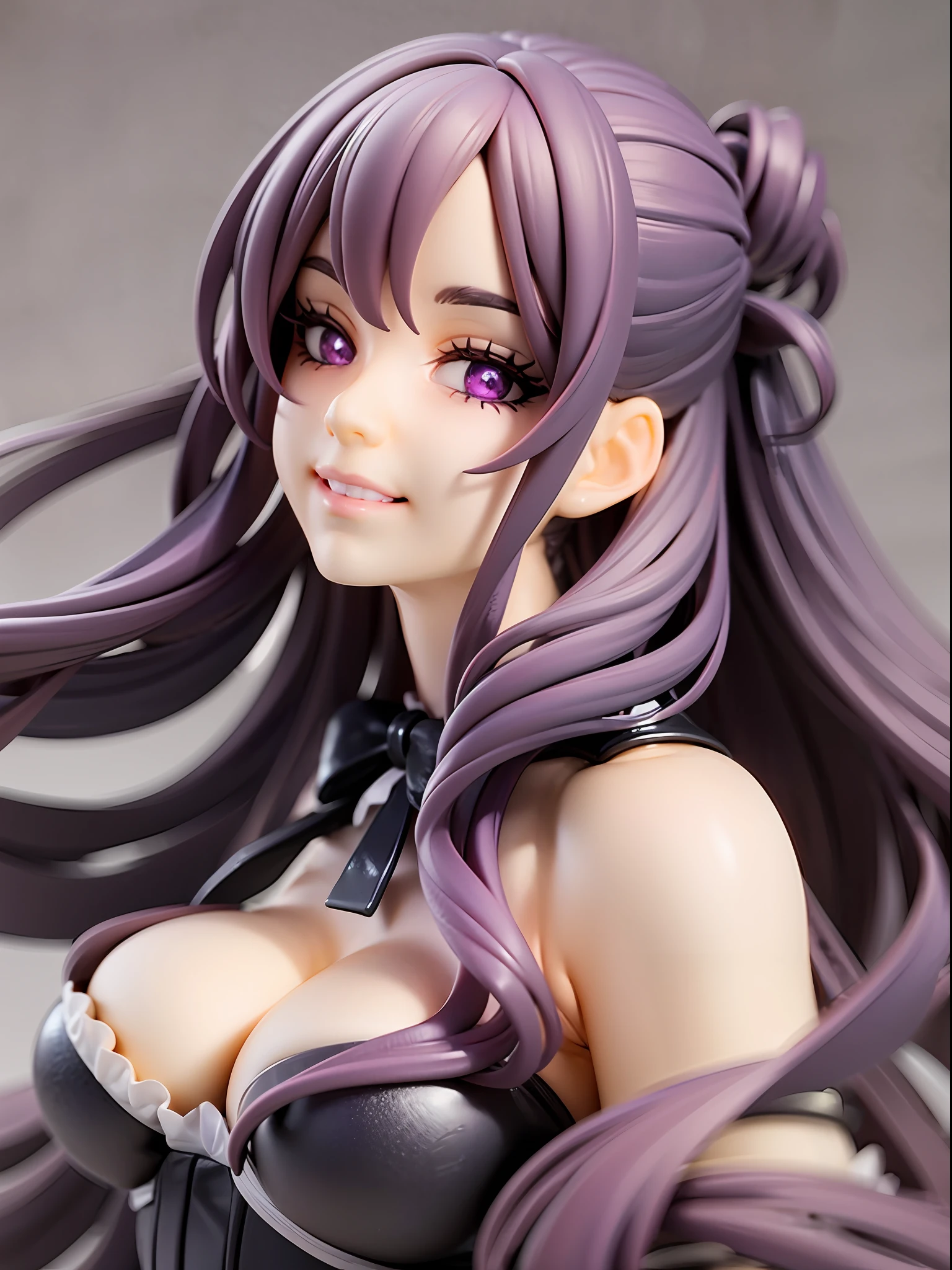 Purple, black, ghostly, mystical, calm face, smile, beautiful deep purple eyes, closed mouth, Victorian style dress, black and purple lace and ribbons, silver hair, long and wavy hair, floating pose, Victorian mansion background,