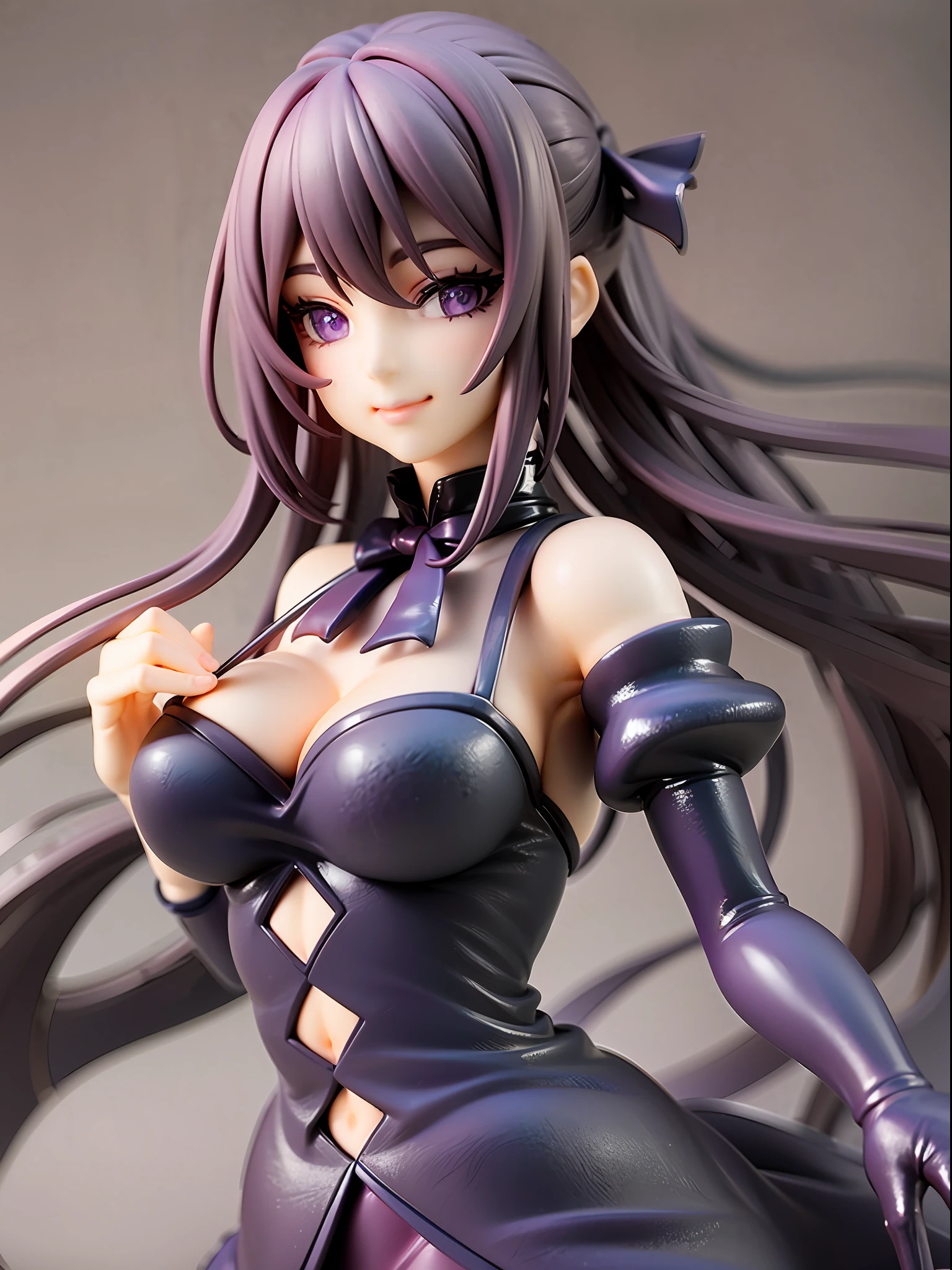 Purple, black, ghostly, mystical, calm face, smile, beautiful deep purple eyes, closed mouth, Victorian style dress, black and purple lace and ribbons, silver hair, long and wavy hair, floating pose, Victorian mansion background,