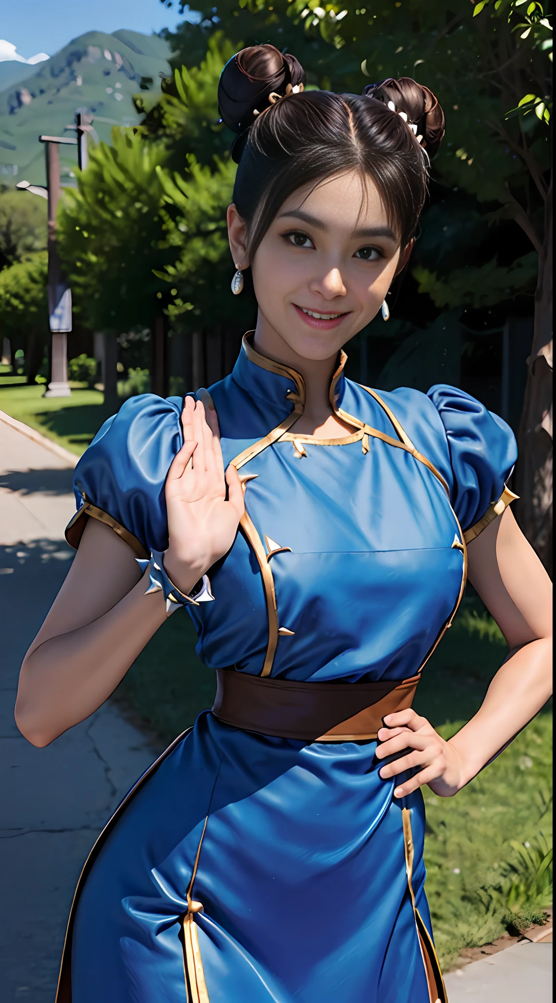 masterpiece, best quality, chun li, brown eyes, short hair, brown hair, double bun, bun cover, blue dress, pelvic curtain, spiked bracelet, sash, brown pantyhose, outdoor, hand on hip, looking at viewer, cowboy shot, dress lift, smile