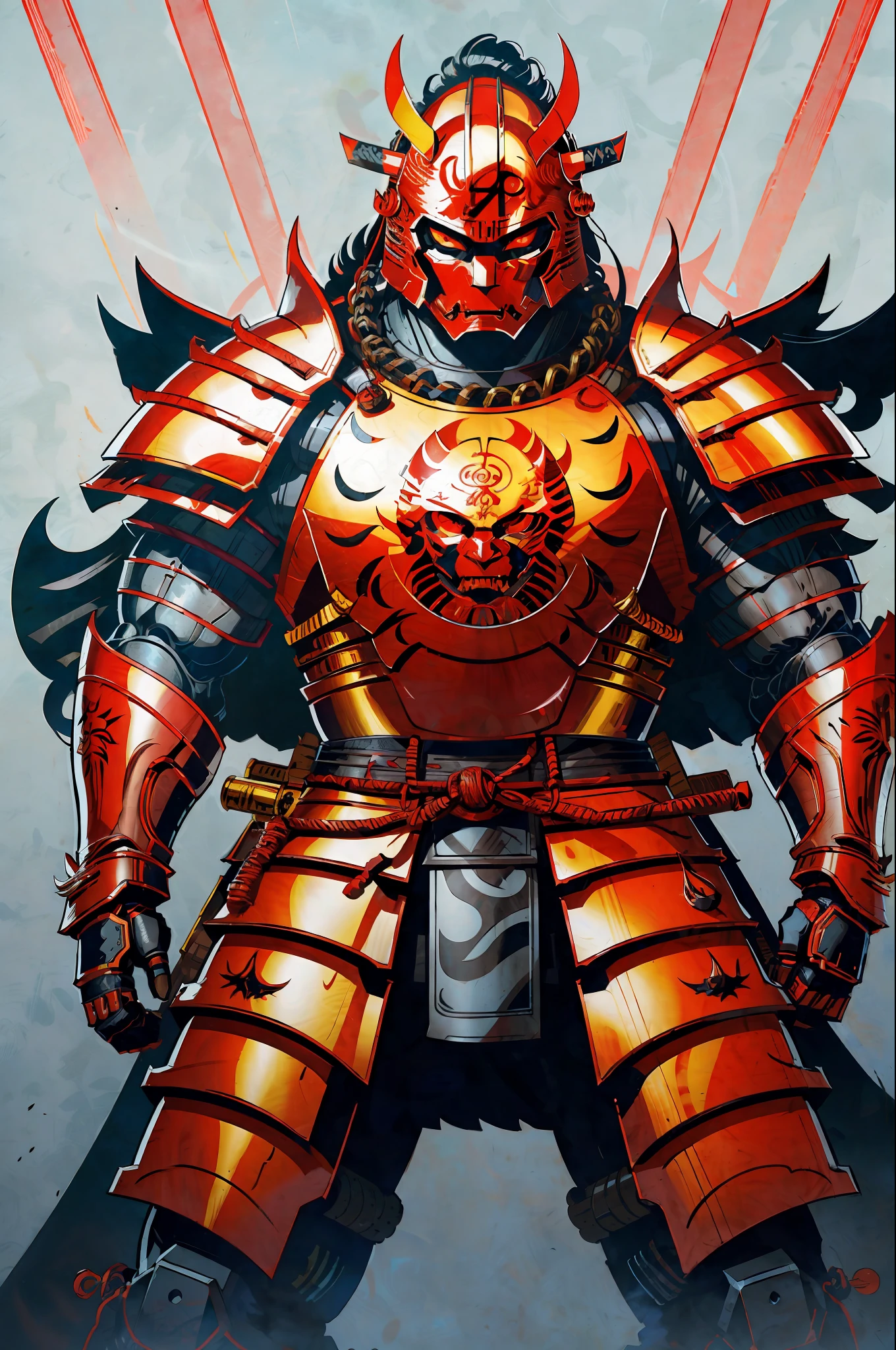 1man, ( oni helmet and mask), japanese samurai armor, golden chain, glowing eyes, mecha, japanese traditional style ,(katana pose) , fuji mountai
, negative space, clear lines, high contrast, simplified
(comic style), (colored line art:1.5)