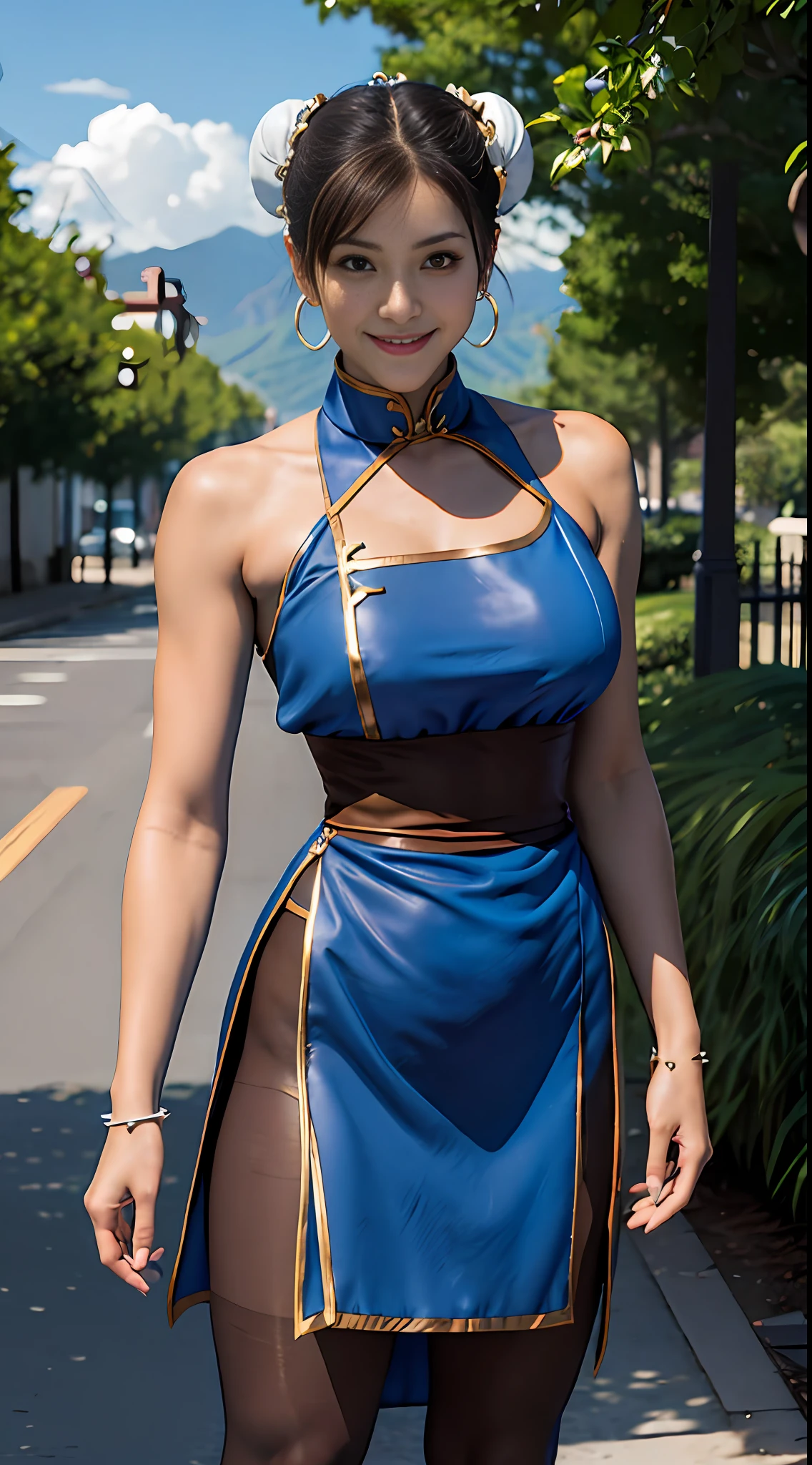 masterpiece, best quality, chun li, brown eyes, short hair, brown hair, double bun, bun cover, blue dress, pelvic curtain, spiked bracelet, sash, brown pantyhose, outdoor, hand on hip, looking at viewer, cowboy shot, dress lift, smile