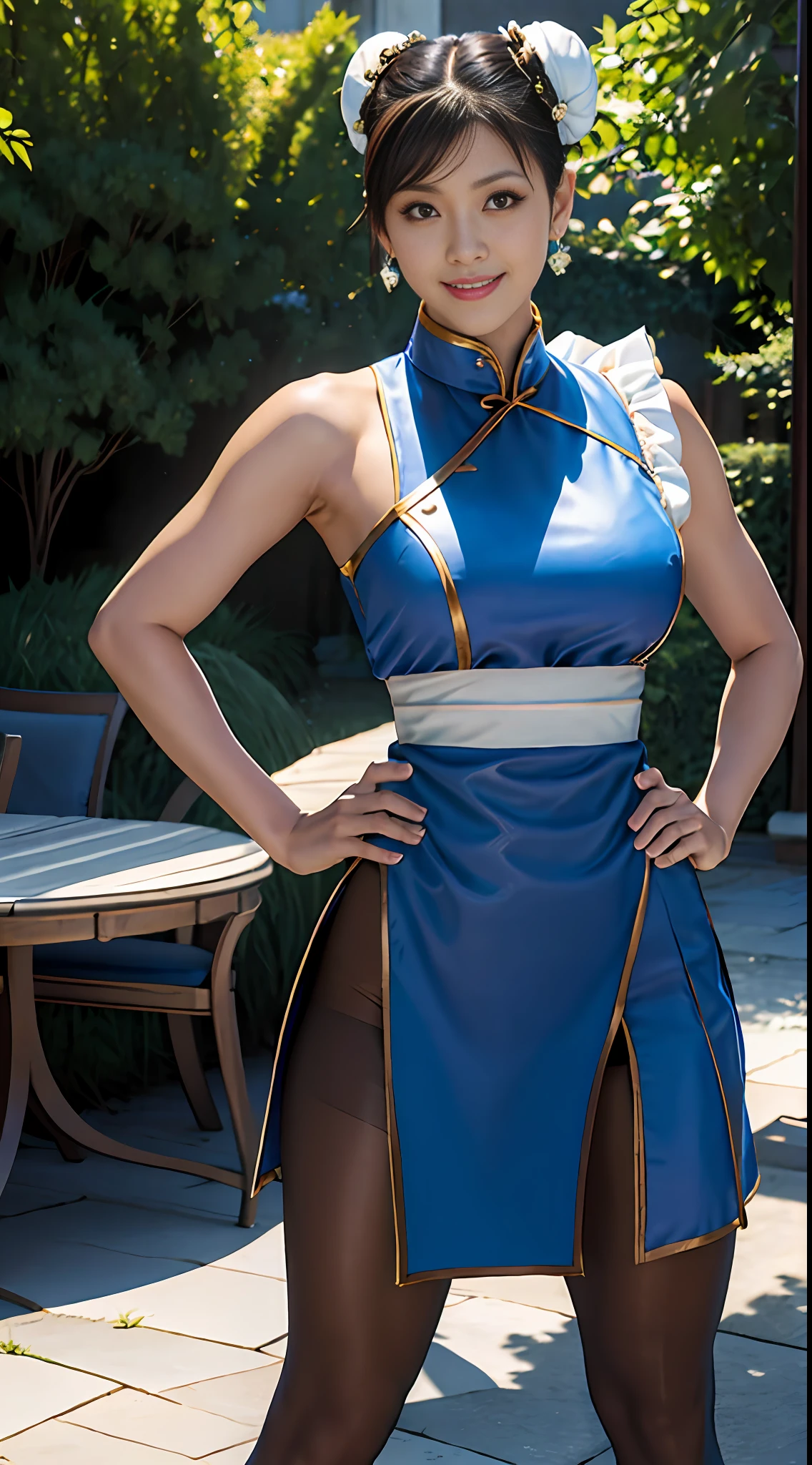 masterpiece, best quality, chun li, brown eyes, short hair, brown hair, double bun, bun cover, blue dress, pelvic curtain, spiked bracelet, sash, brown pantyhose, outdoor, hand on hip, looking at viewer, cowboy shot, dress lift, smile