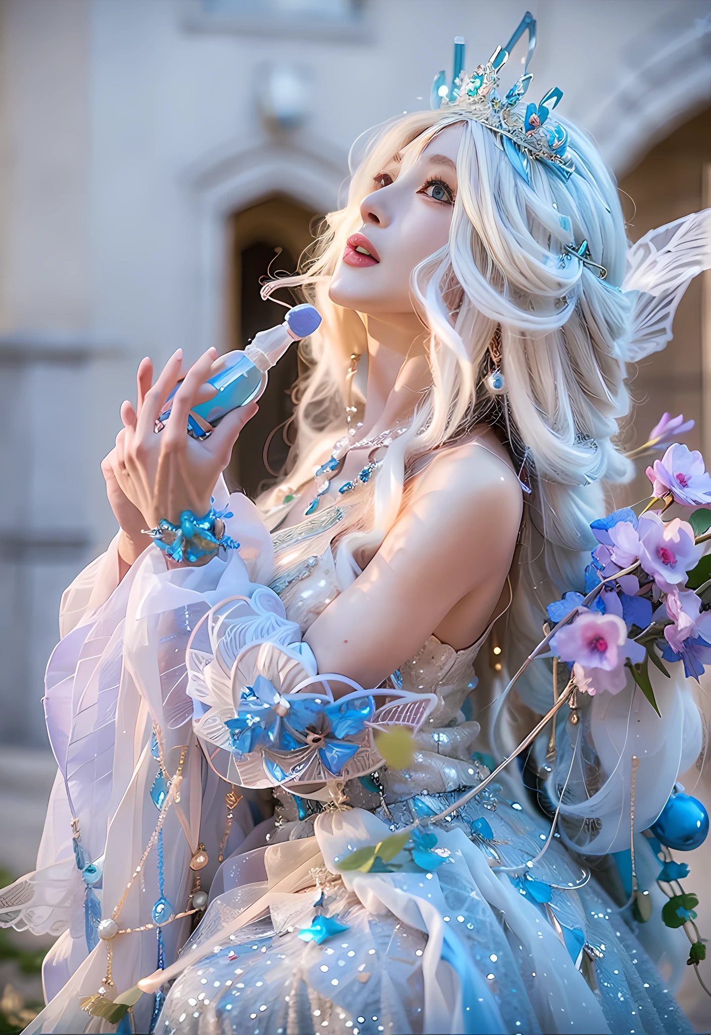 there is a woman dressed in a fairy costume holding a bottle, water fairy, closeup fantasy with water magic, ethereal fantasy, fairy aesthetics, astral fairy, beautiful and elegant elf queen, ethereal fairytale, beautiful ancient frost witch, fantasy aesthetic!, fairycore, anime cosplay, ethereal beauty, fantasy art style, anime girl cosplay, of ethereal fantasy, beautiful fairy