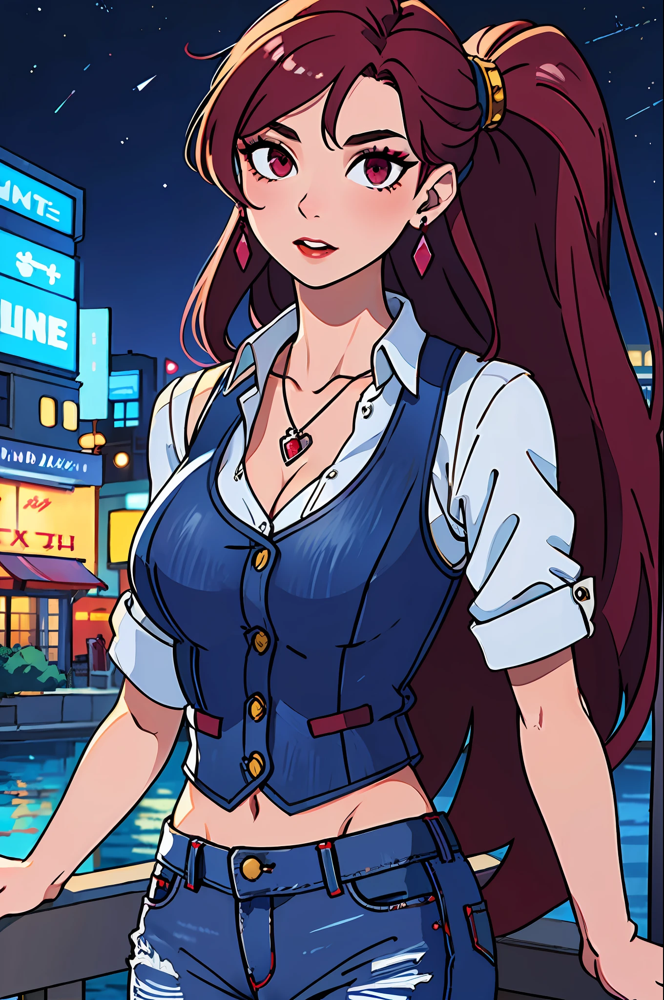 (masterpiece:1.4), (best quality:1.4), 1gril, solo, ((dark red hair)), hair ornament, very long hair, pink eyes, collarbone, upper body, slim body, shiny skin, detailed face, makeup, red lips, split lips, upper teeth, cleavage, large breasts, (jeans vest, blue jeans short shorts), blue nails, sapphire necklace, earrings, fashi-girl, looking at the viewer, professional light, night, big city.