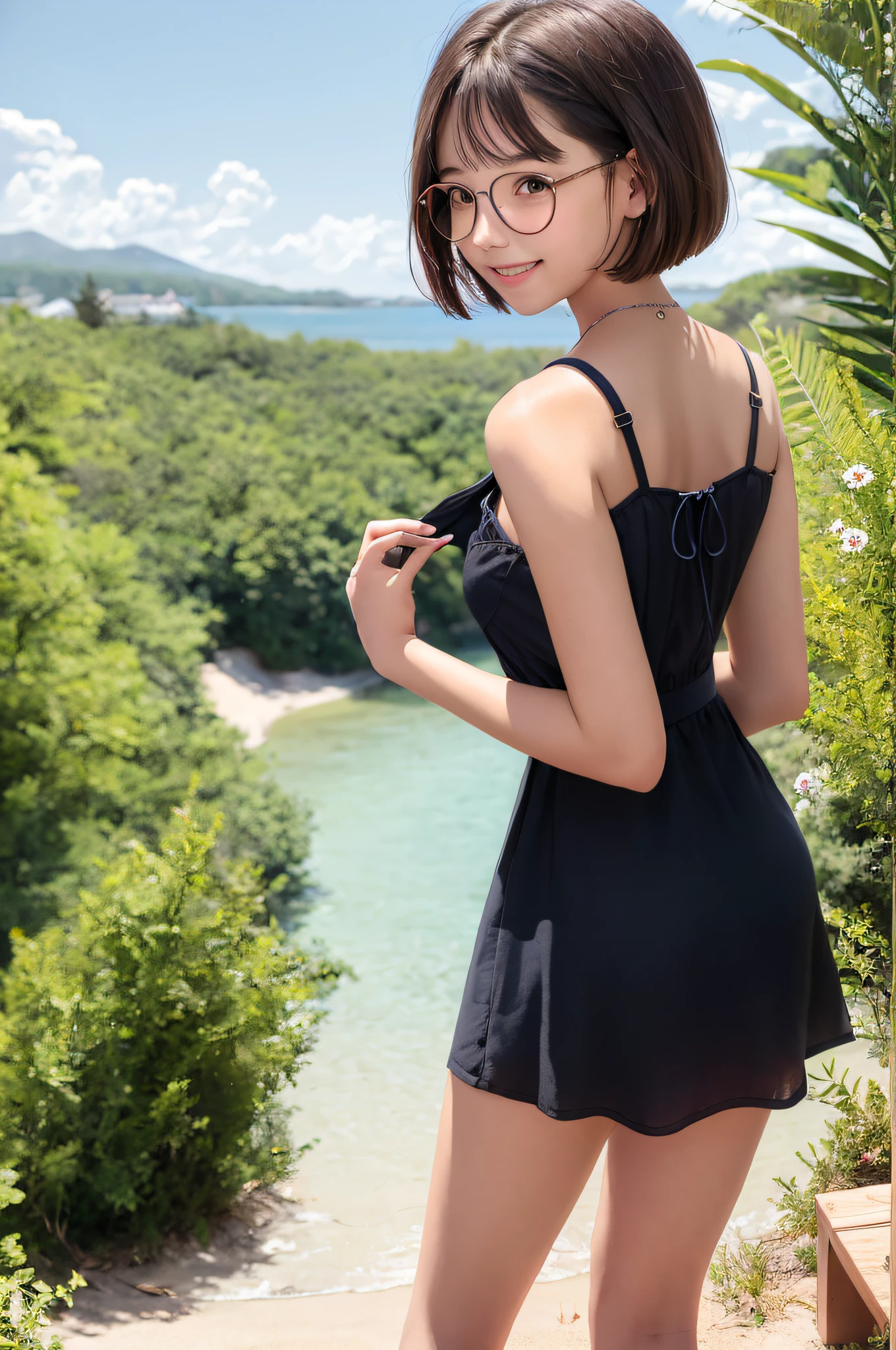 Woman 18 years old, with her back turned, breast size is D cup, summer dress, knee-length, camping, smiling, brown hair, bob hair, Boston-shaped glasses,