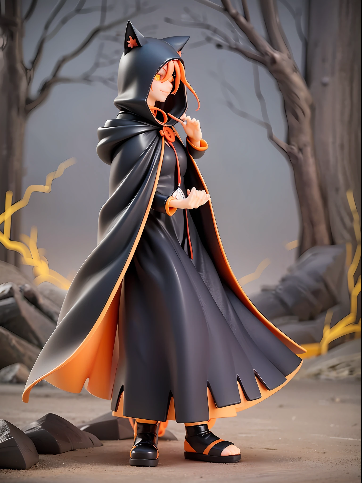 Black, orange, mysterious, cat ears, beautiful orange eyes, closed mouth, smile, large cat ears silhouette hooded cloak, black and orange details, grey hair, long hair, standing pose with hands in cloak, night forest background,