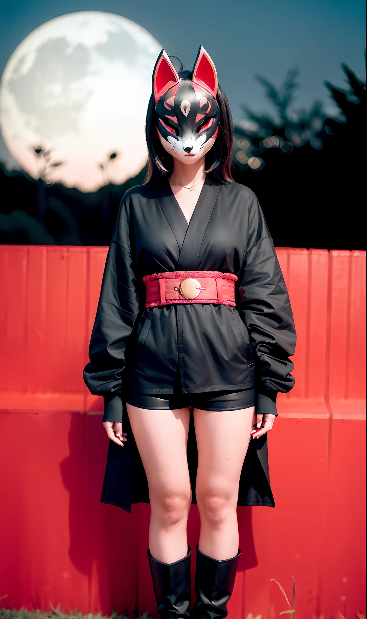 Night, Samurai, Knee High Boots, Fox Mask Person with fox mask on face, woman, jet black, long coat, shorts, red full moon, moonlit night, Japan castle, sit