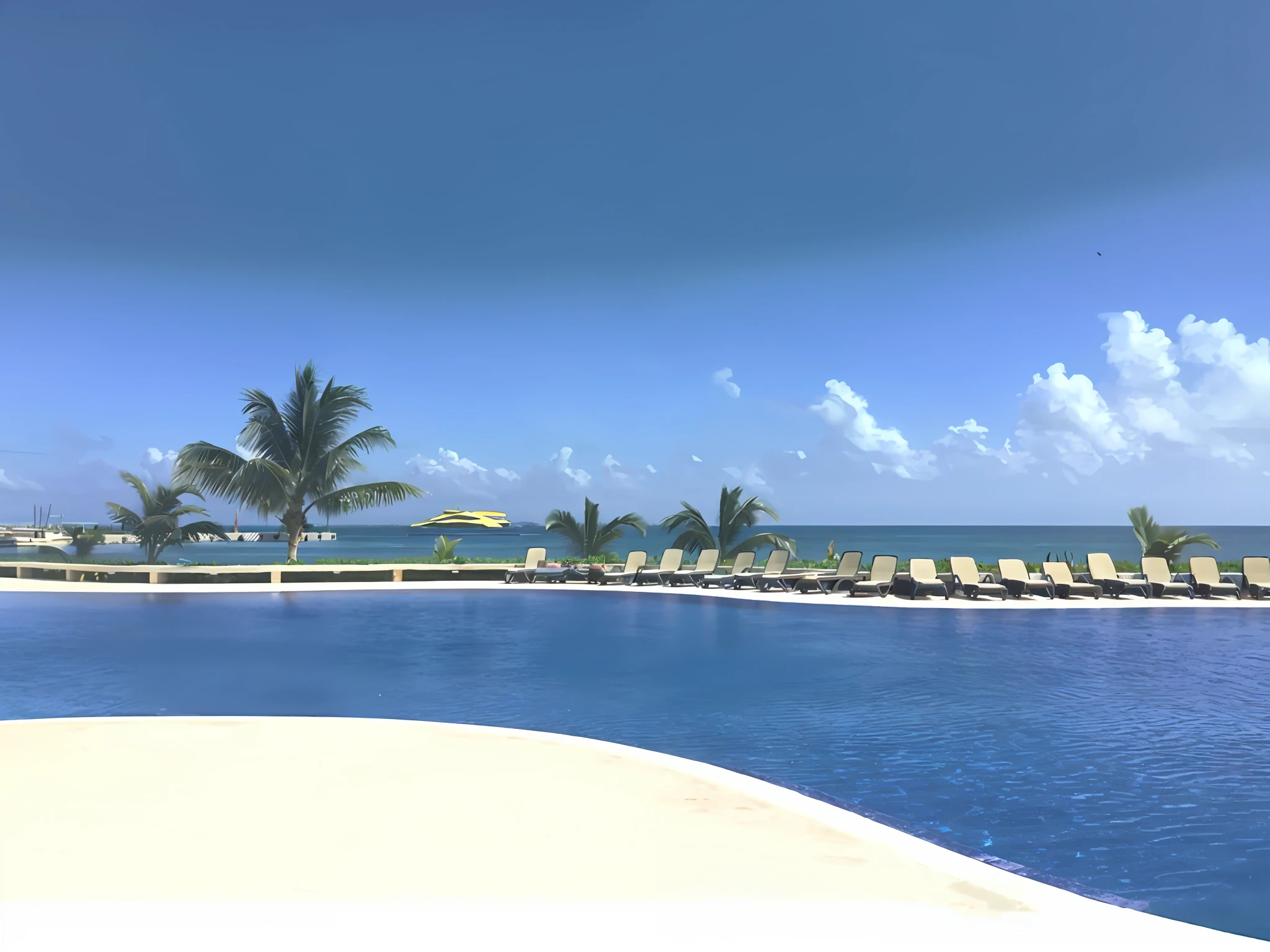 there is a large pool with lounge chairs and umbrellas in the water, paradise in the background, infinity pool, infinity concentric pool, view of the ocean, the ocean in the background, sit on the edge of swimming pool, next to a tropical pool, beautiful tranquil day, long view, beautful view, sitting at the edge of pool, ocean in the background