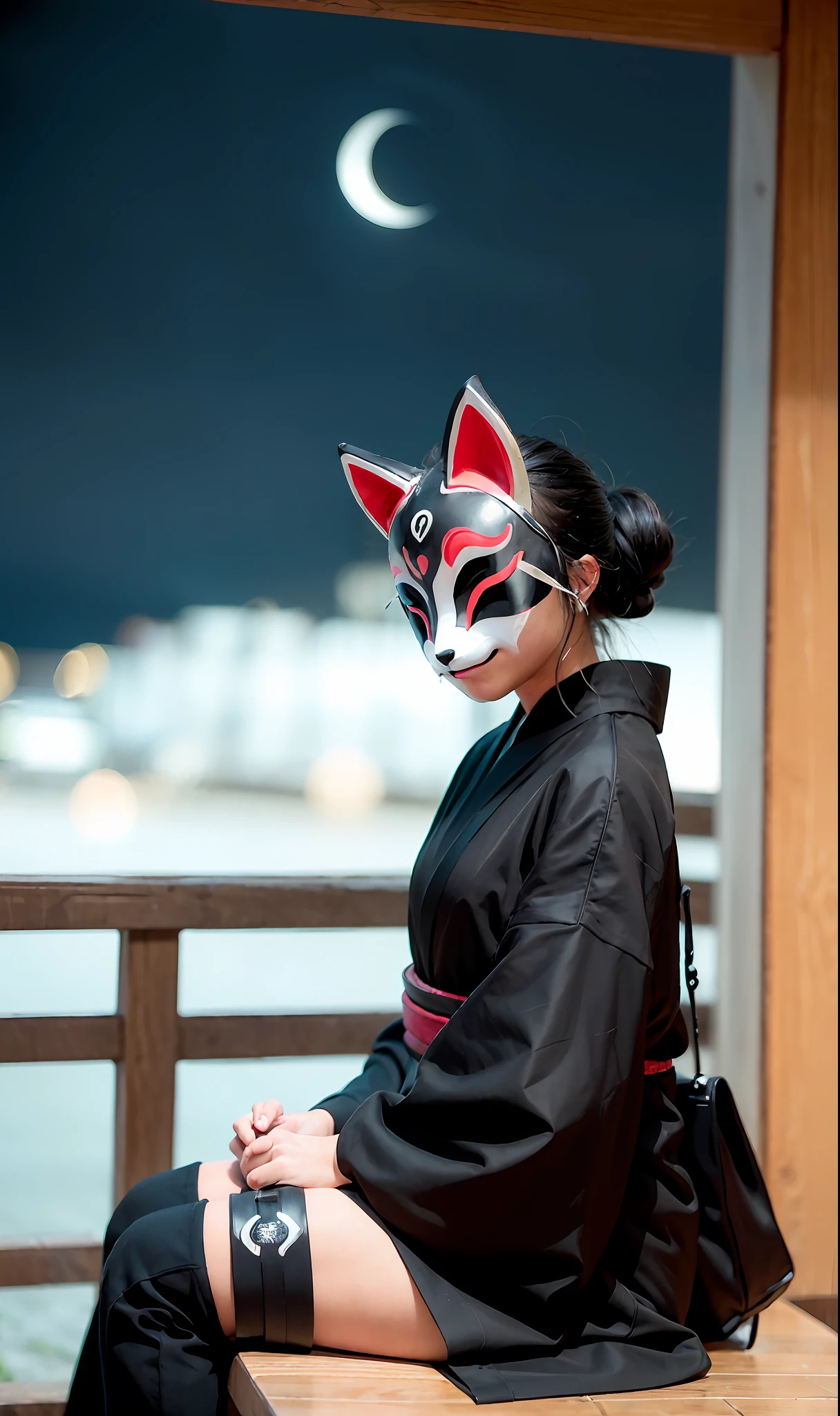 Night, Samurai, Knee High Boots, Fox Mask Person with fox mask on face, woman, jet black, long coat, shorts, red full moon, moonlit night, Japan castle, sit