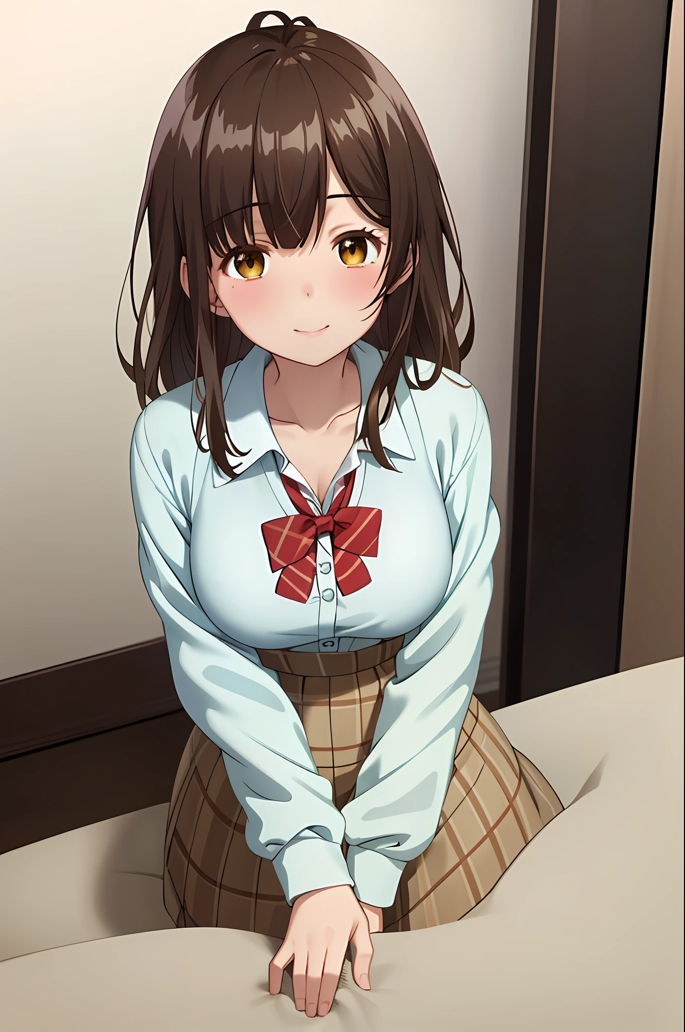 best quality, (masterpiece:1.2), highly detailed, indoors, 
1girl, solo, ogiwara sayu,
looking at the viewer, medium breasts, smile, closed mouth, hand on own chest, blush, sitting,
brown eyes, brown hair, long hair, white shirt, plaid skirt, collarbone, cleavage, bowtie