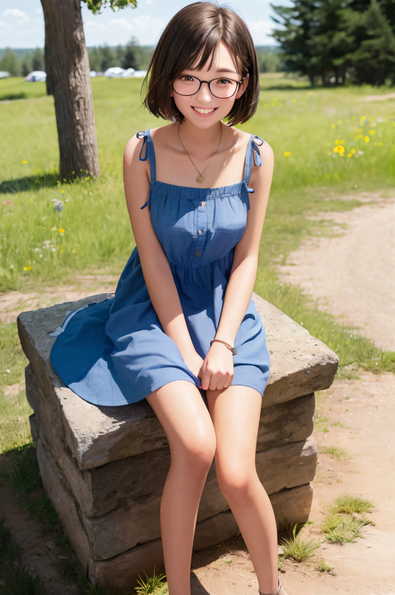 Female 18 years old, breast size is D cup, summer dress, knee length, camping, smile, brown hair, bob hair, Boston-type glasses,