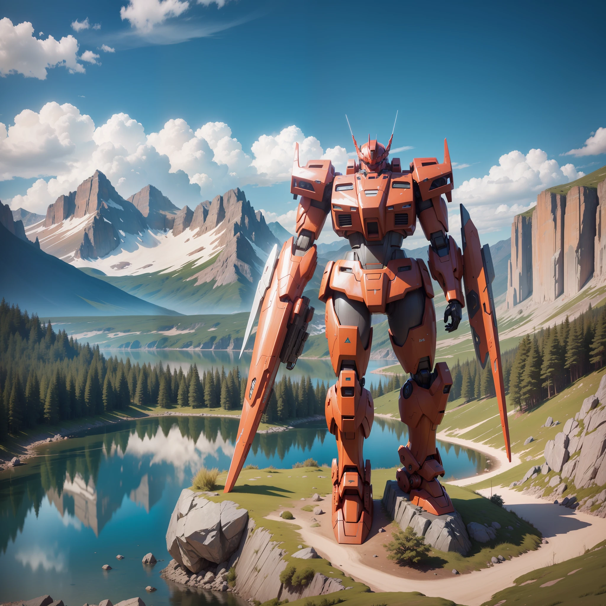 High quality, 8k, summer, mountains, rocks, woods, huge red humanoid mech, Gundam, clear lake, maiden sitting on mecha, huge spaceship glowing in the sky