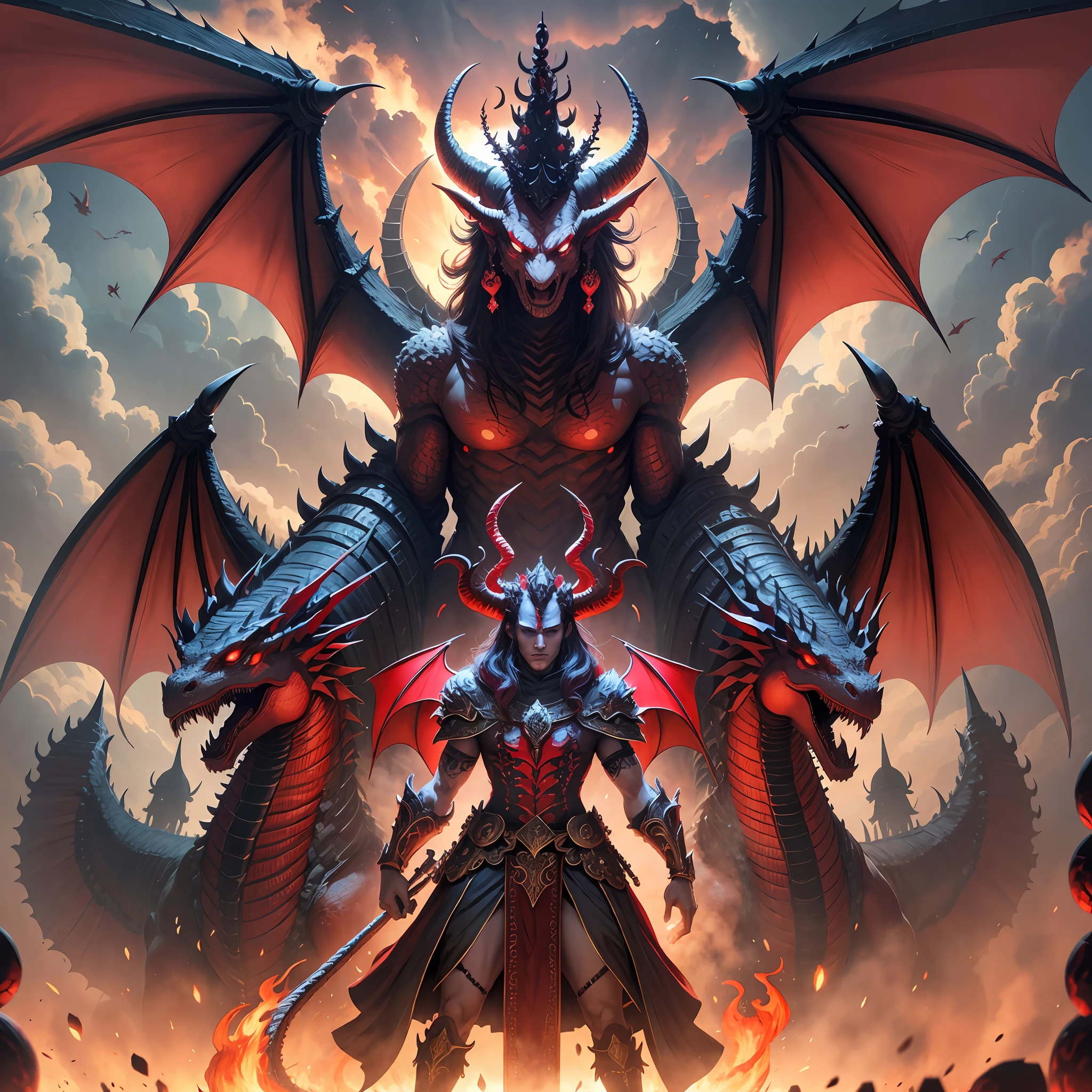 huge red dragon with seven heads and ten horns, having on its heads seven crowns.