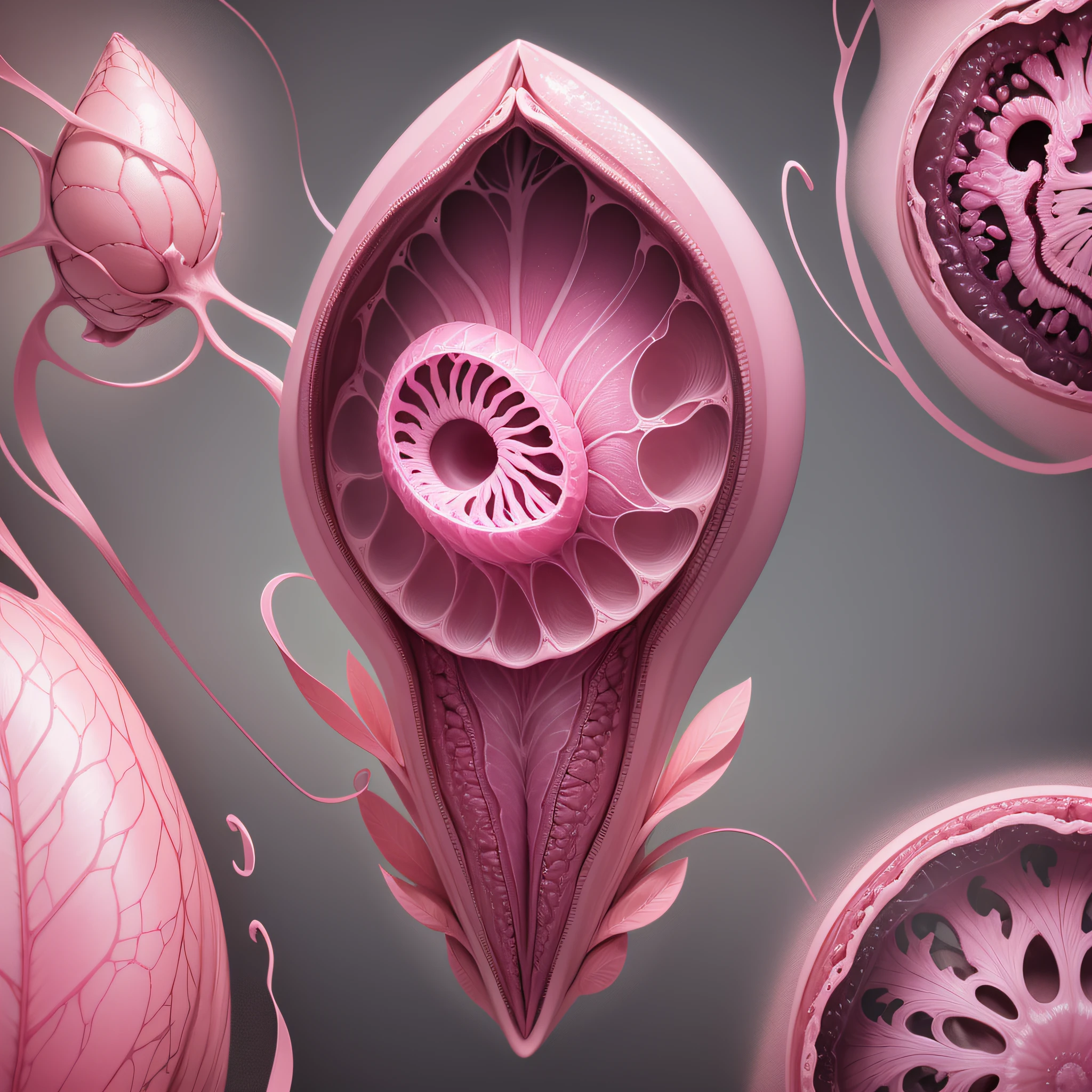 Generate a highly detailed image of a pink ovary. The ovary should be depicted with intricate anatomical features, including the outer surface, fallopian tubes, and attached ligaments. The color pink should be a vibrant shade, resembling a healthy and vibrant ovary. The image should showcase the internal structures, such as developing follicles and corpus luteum, and accurately represent the overall shape and size of a typical ovary. P --auto --s2