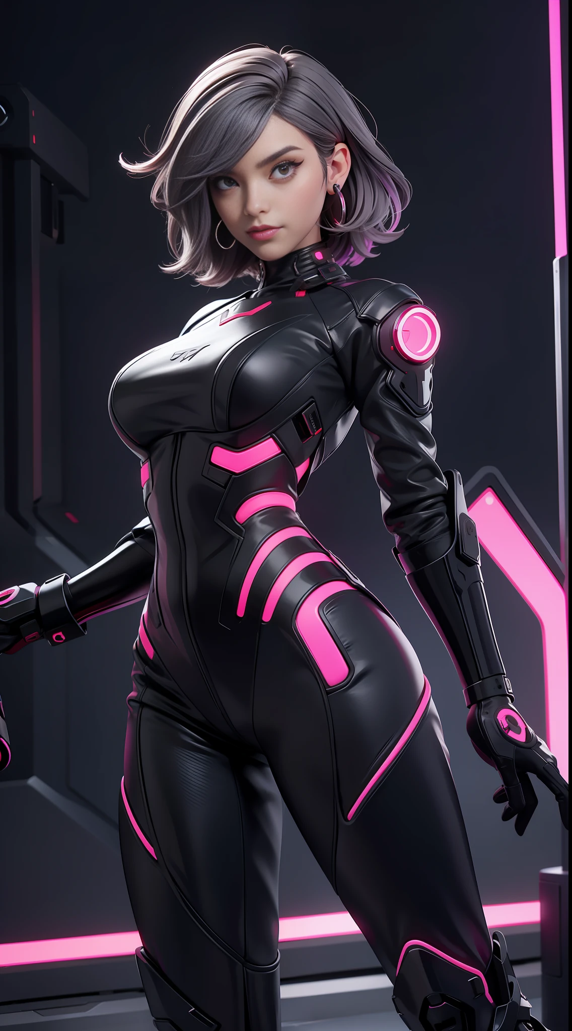 solo, super fine photo, portrait Unreal Engine 5 8K UHD of beautiful and cute girl (girl: 1.3), gorgeous, grey short hair, red and black color scheme tight cybernetic latex catsuit, cyberpunk racing girl, cyberpunk full face mask, earrings, cybernetic long heel, cybernetic long glove, futuristic design, purple neon lights details, beautiful make up, best quality, masterpiece, official art, unified 8k wallpaper, super detailed, sharp focus, dynamic pose, body parts