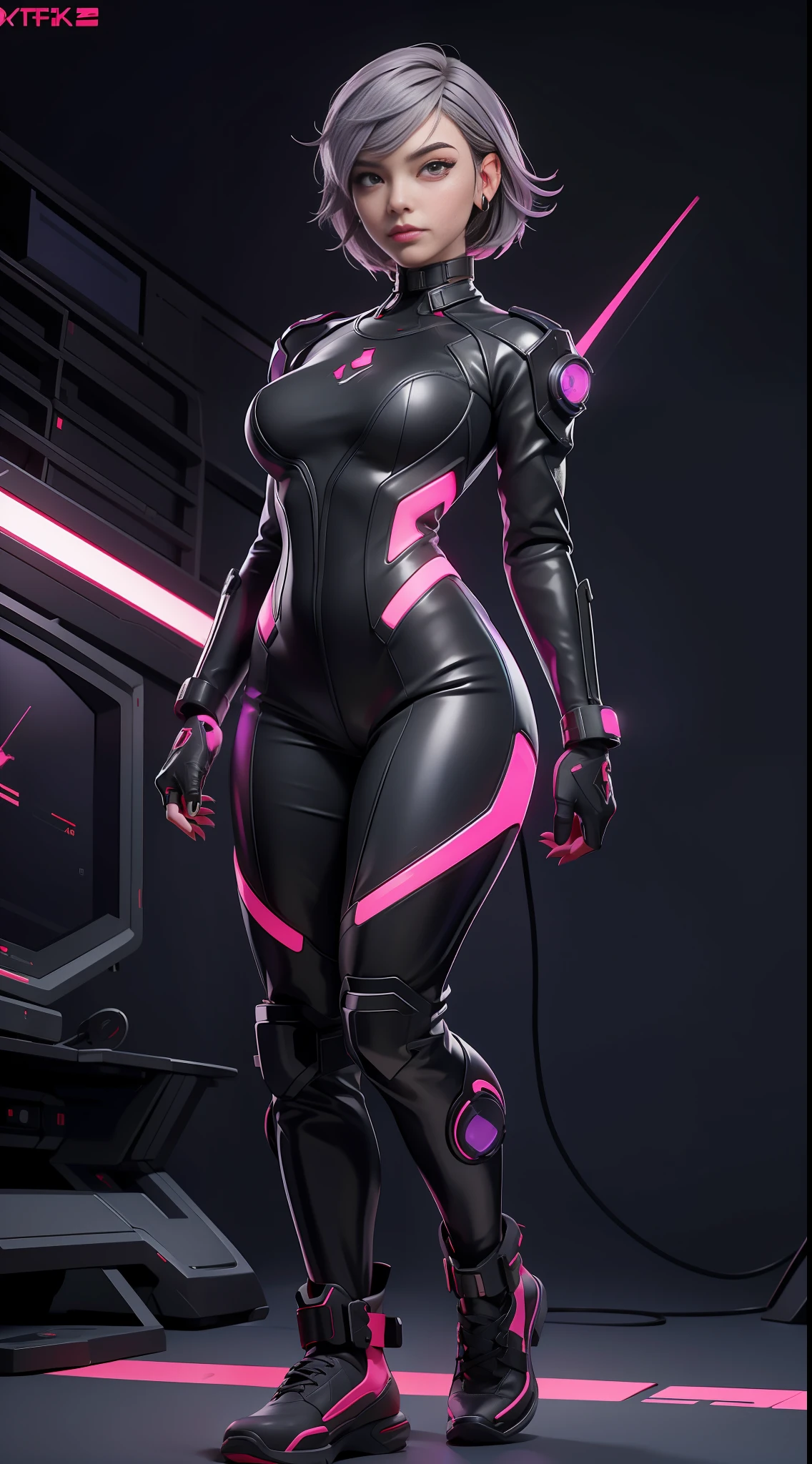solo, super fine photo, portrait Unreal Engine 5 8K UHD of beautiful and cute girl (girl: 1.3), gorgeous, grey short hair, red and black color scheme tight cybernetic latex catsuit, cyberpunk racing girl, cyberpunk full face mask, earrings, cybernetic long heel, cybernetic long glove, futuristic design, purple neon lights details, beautiful make up, best quality, masterpiece, official art, unified 8k wallpaper, super detailed, sharp focus, dynamic pose, body parts